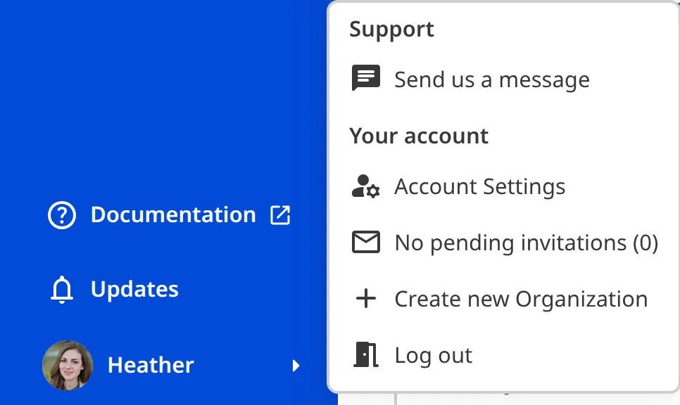 A screenshot of the App Sidebar shows the Account Menu open with options including Account Settings, pending invitations, Create new Organization, and Log out.