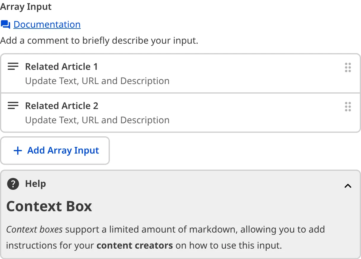 A screenshot of the Array Input in the Data Editor with a Context Box underneath the text area.