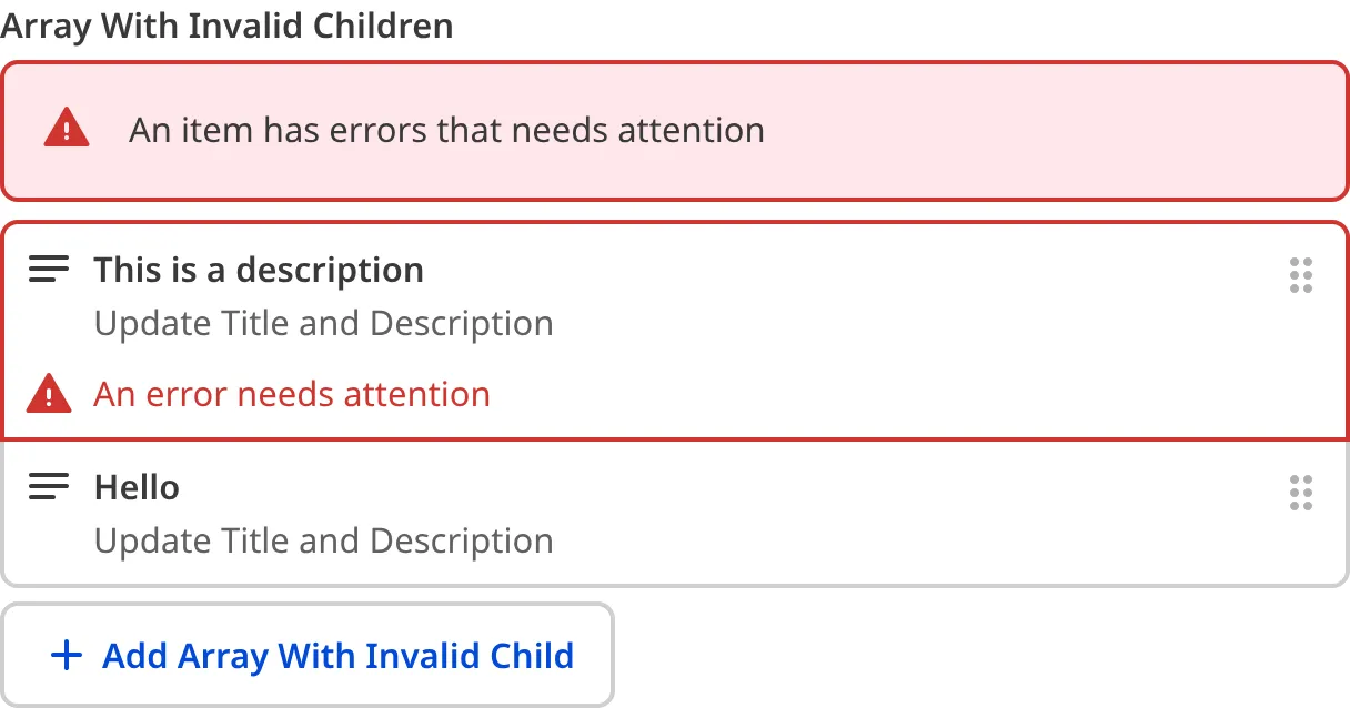 A screenshot of the Array input in the Data Editor shows that one or more nested inputs have a validation error.