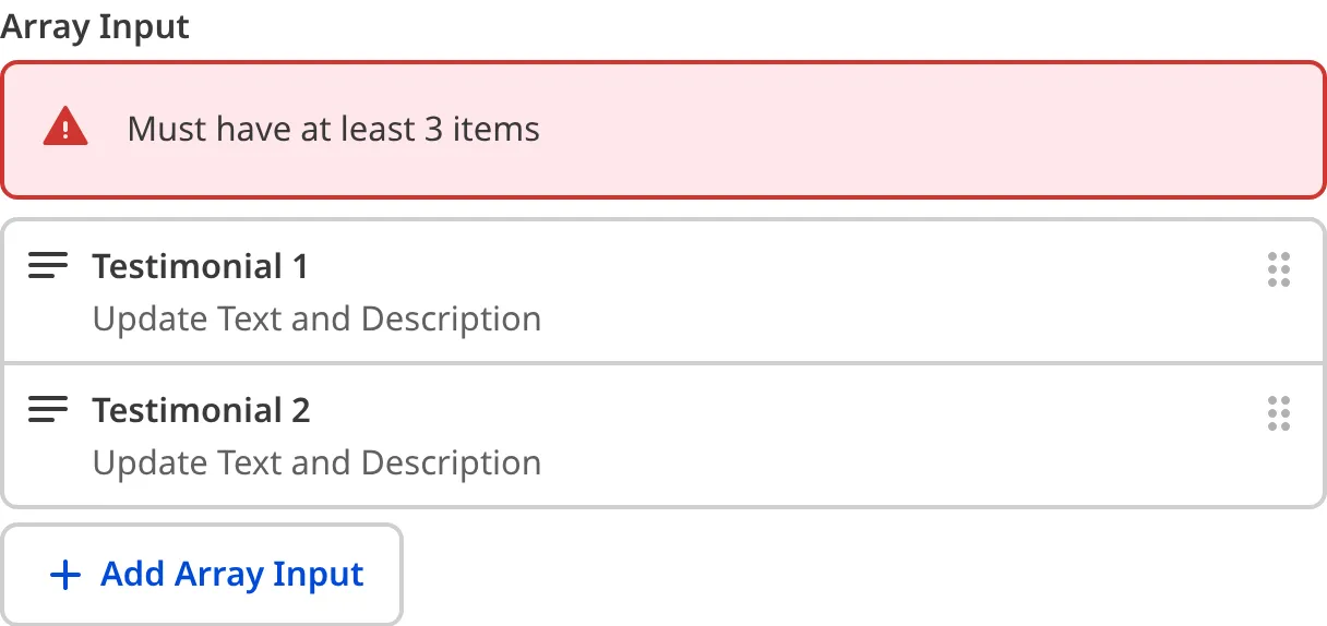 A screenshot of the Array Input in the Data Editor shows an error message as the value contains too few items.