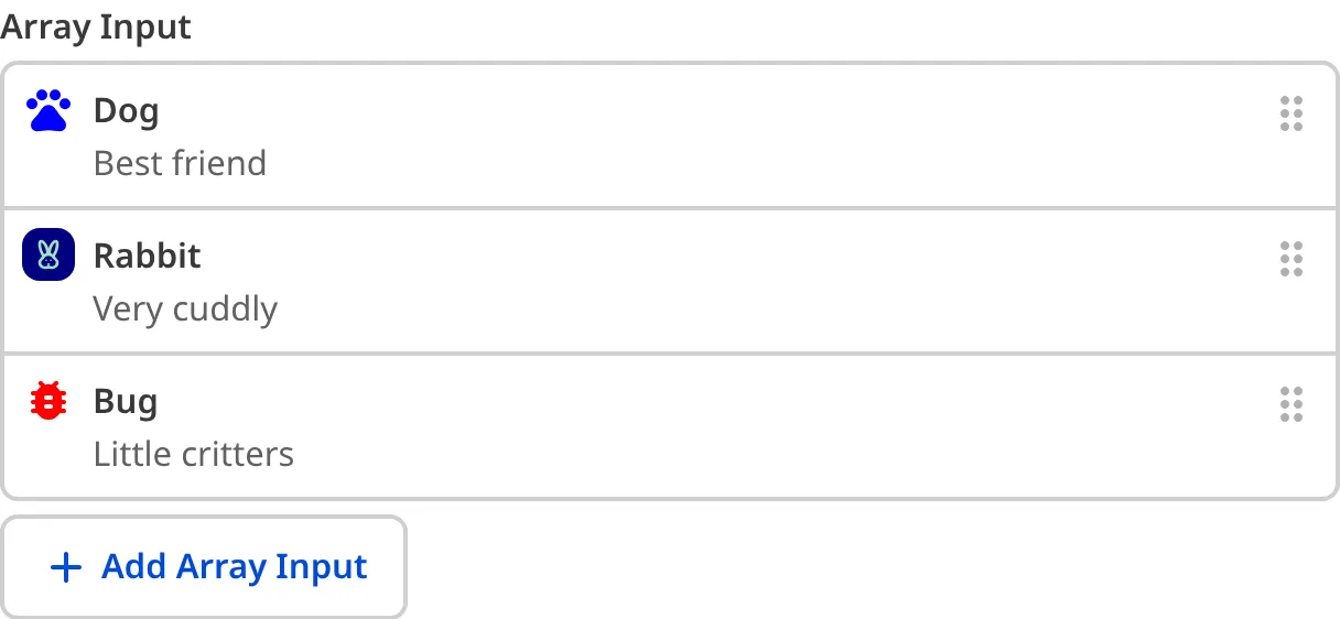 A screenshot of the Array Input in the Data Editor shows an icon, icon color, and subtext.
