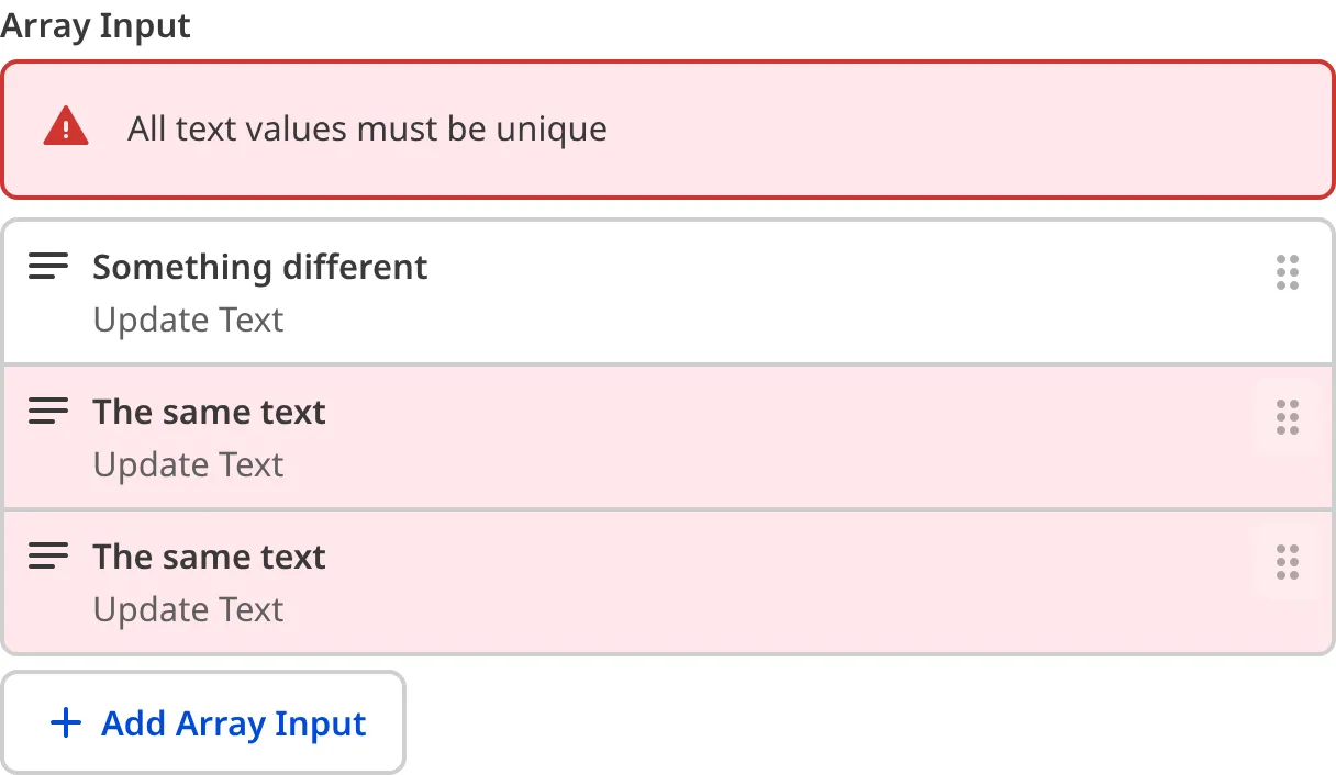 A screenshot of the Array Input in the Data Editor shows an error message as there are non-unique values.