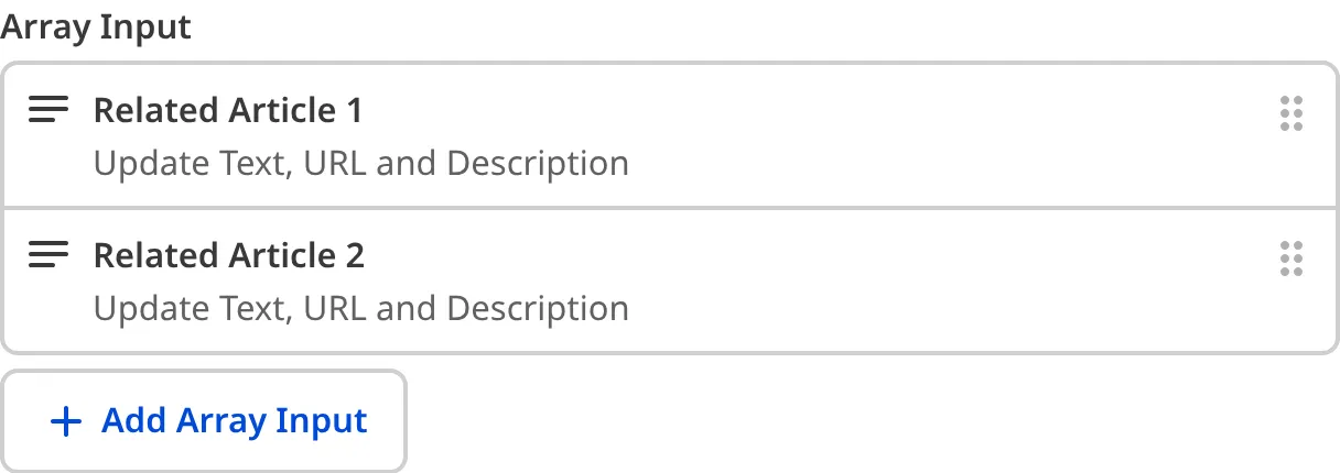 A screenshot of the Array Input in the Data Editor shows a two preview cards in a list.