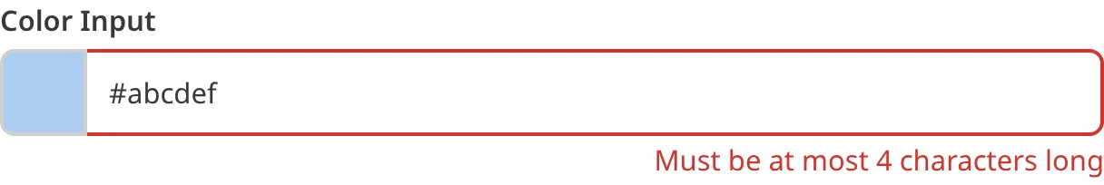 A screenshot of the Color input in the Data Editor shows that the value does not meet maximum length requirements.