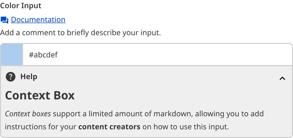 A screenshot of the Color Input in the Data Editor with a Context Box underneath the text field.