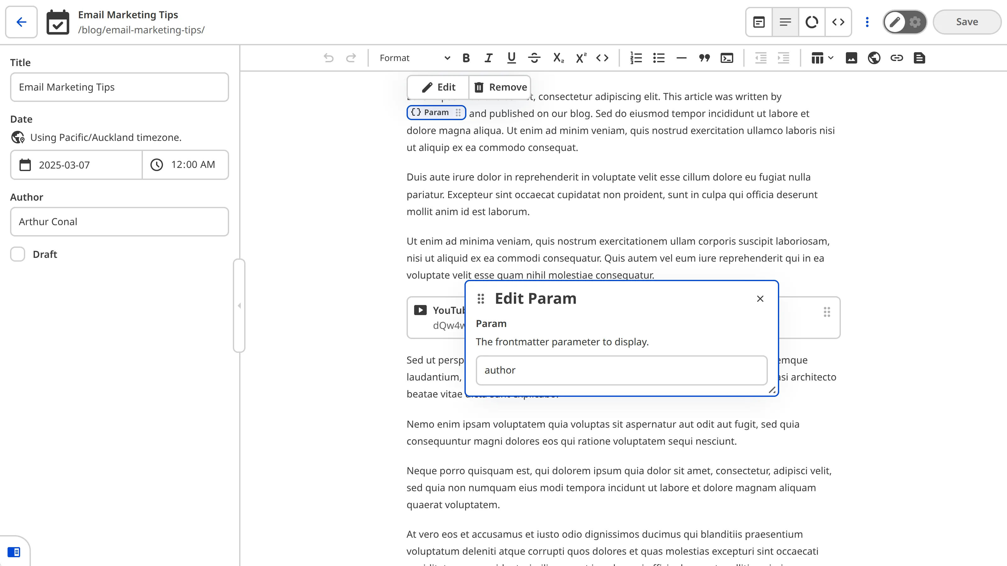 The Content Editor A screenshot of the Content Editor shows a blog post with an inline Param Snippet within a paragraph of text and the Snippet data panel open for editing.