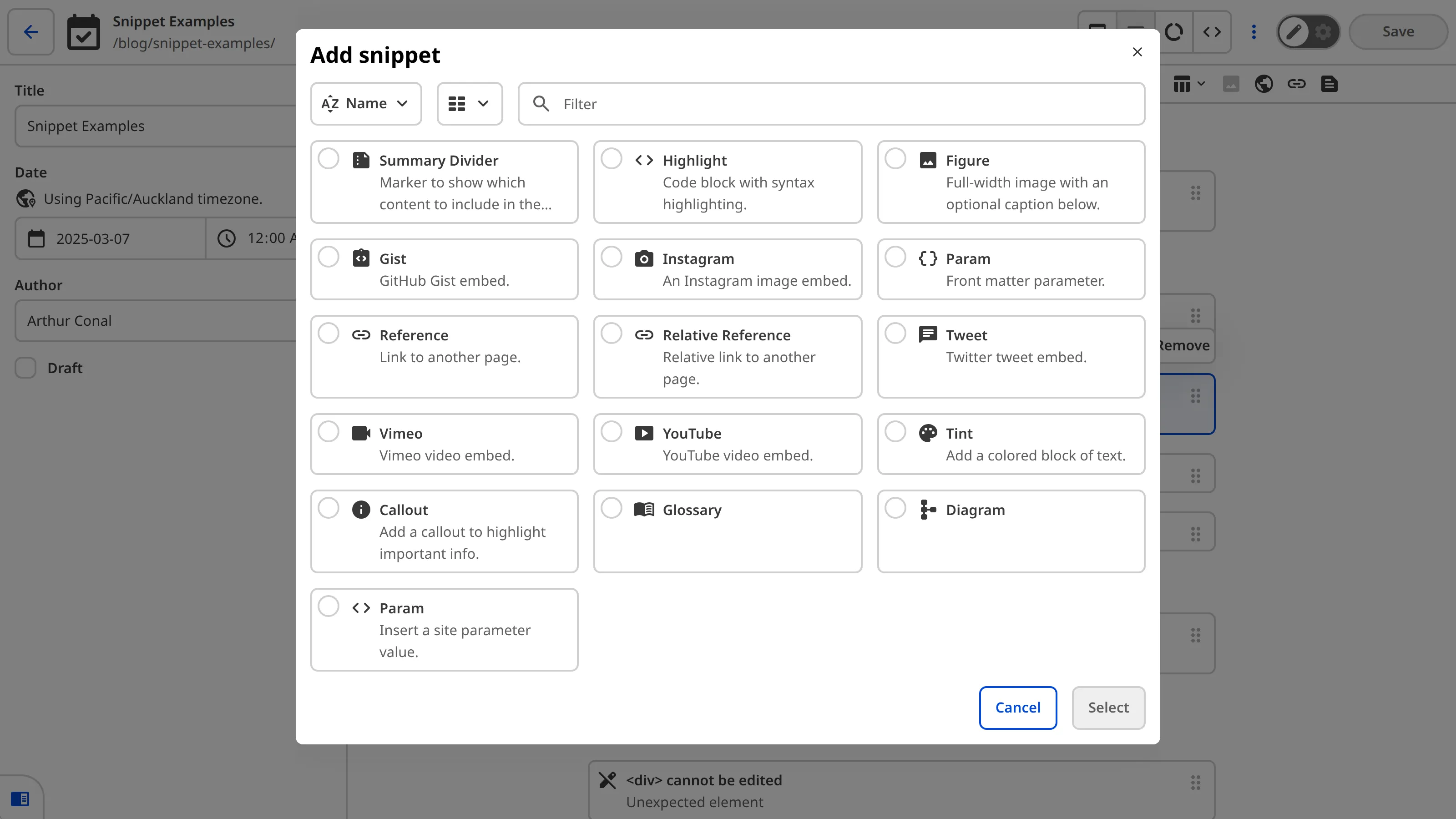 The Snippets pop-up modal in the Content Editor A screenshot of the Snippets pop-up modal in the Content Editor shows a selection of Snippets available to insert into rich text.