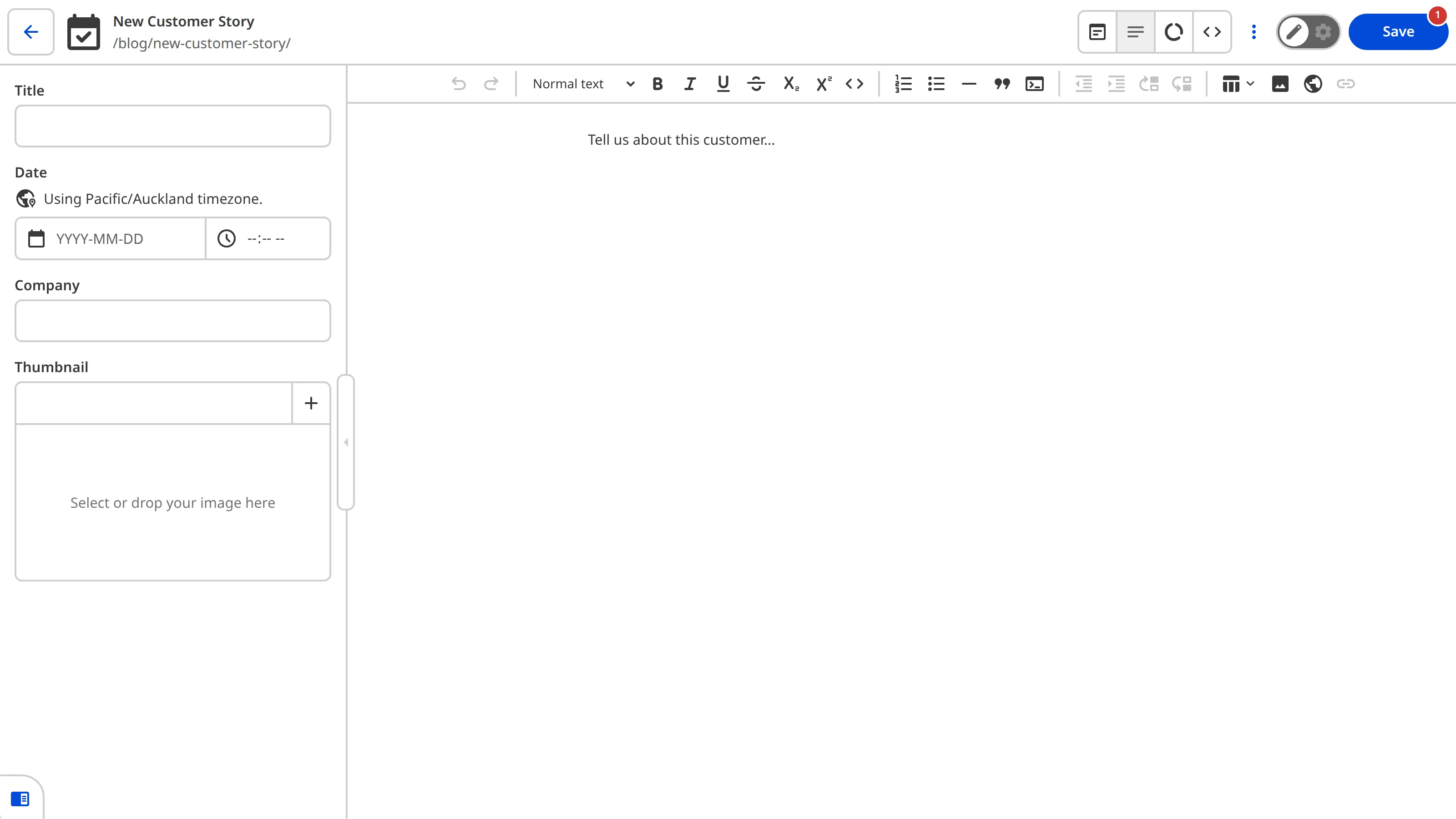 The Content Editor The Content Editor shows a Customer Story file with front matter inputs and Markdown content populated by a schema.