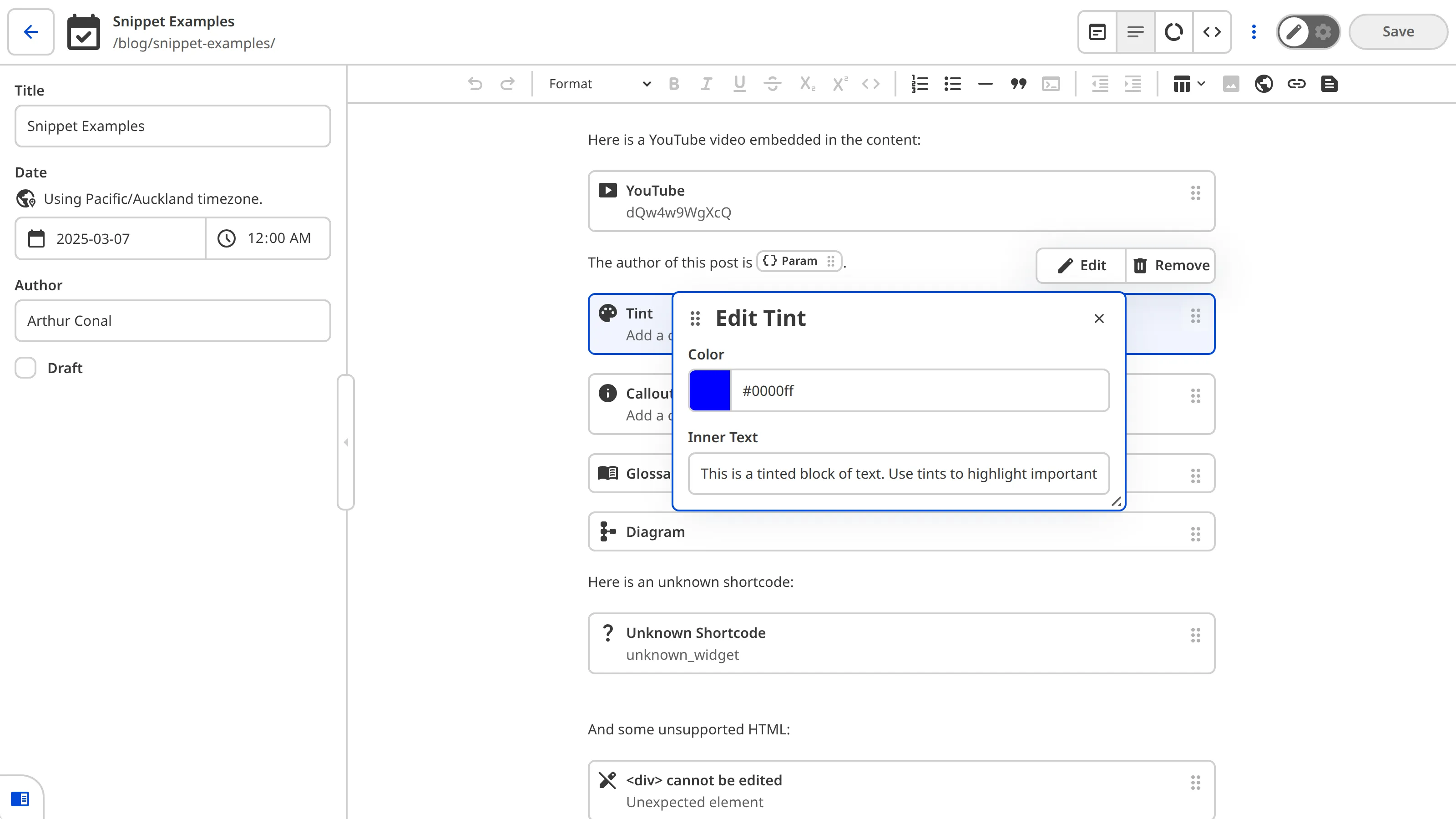 The Content Editor showing a Tint Snippet block selected with the data editor panel open, displaying Color and Inner Text inputs.