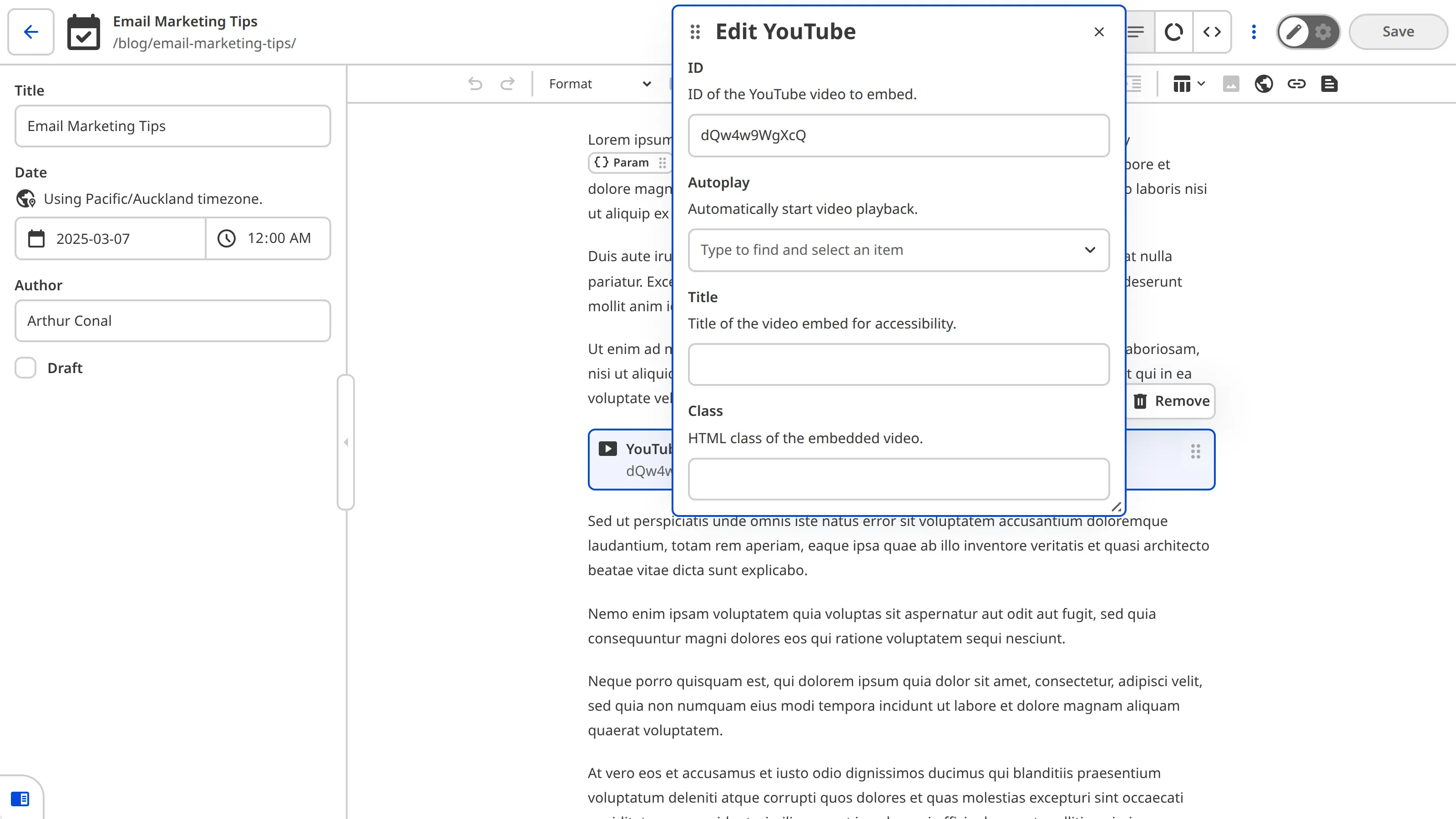 The Content Editor with a Snippet edit panel A screenshot of the Content Editor shows a blog post with a YouTube Snippet in the rich text content and the Snippet data panel open for editing.