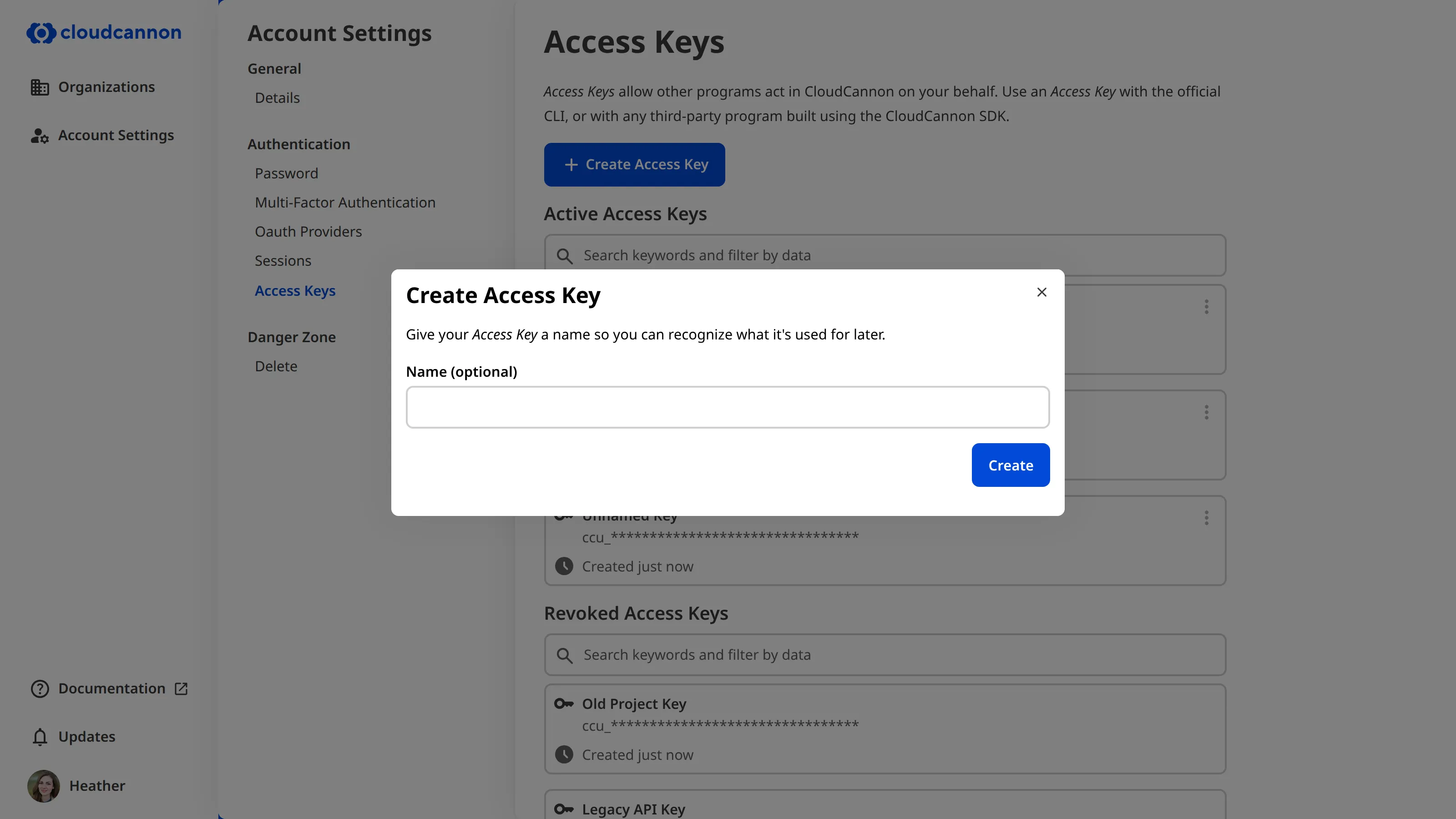 The Create Access Key modal A screenshot of the Create Access Key modal shows the optional Name field and the Create button.