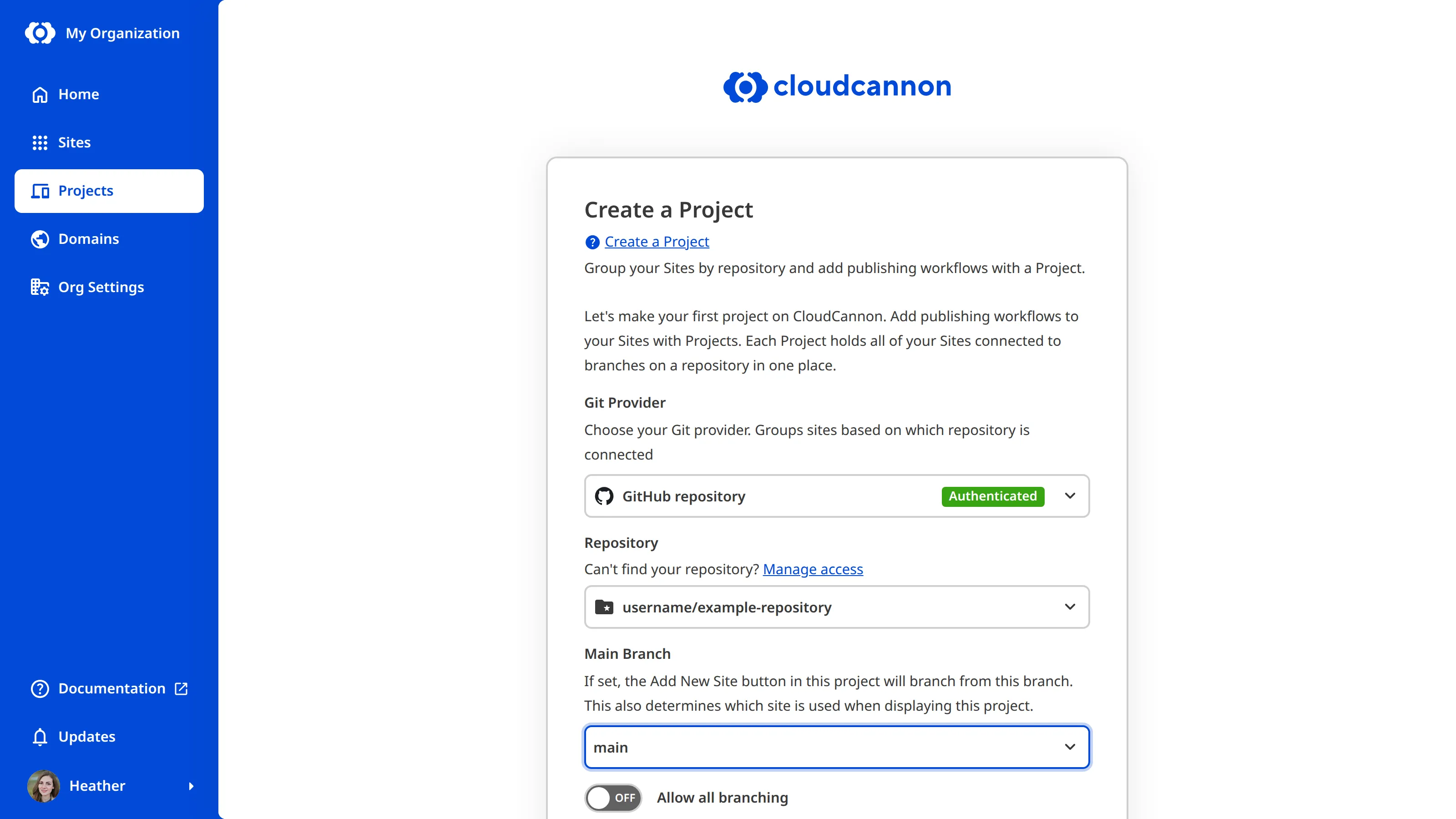A screenshot of the Create a Project form with all fields completed, including Git Provider, Repository, and Main Branch.