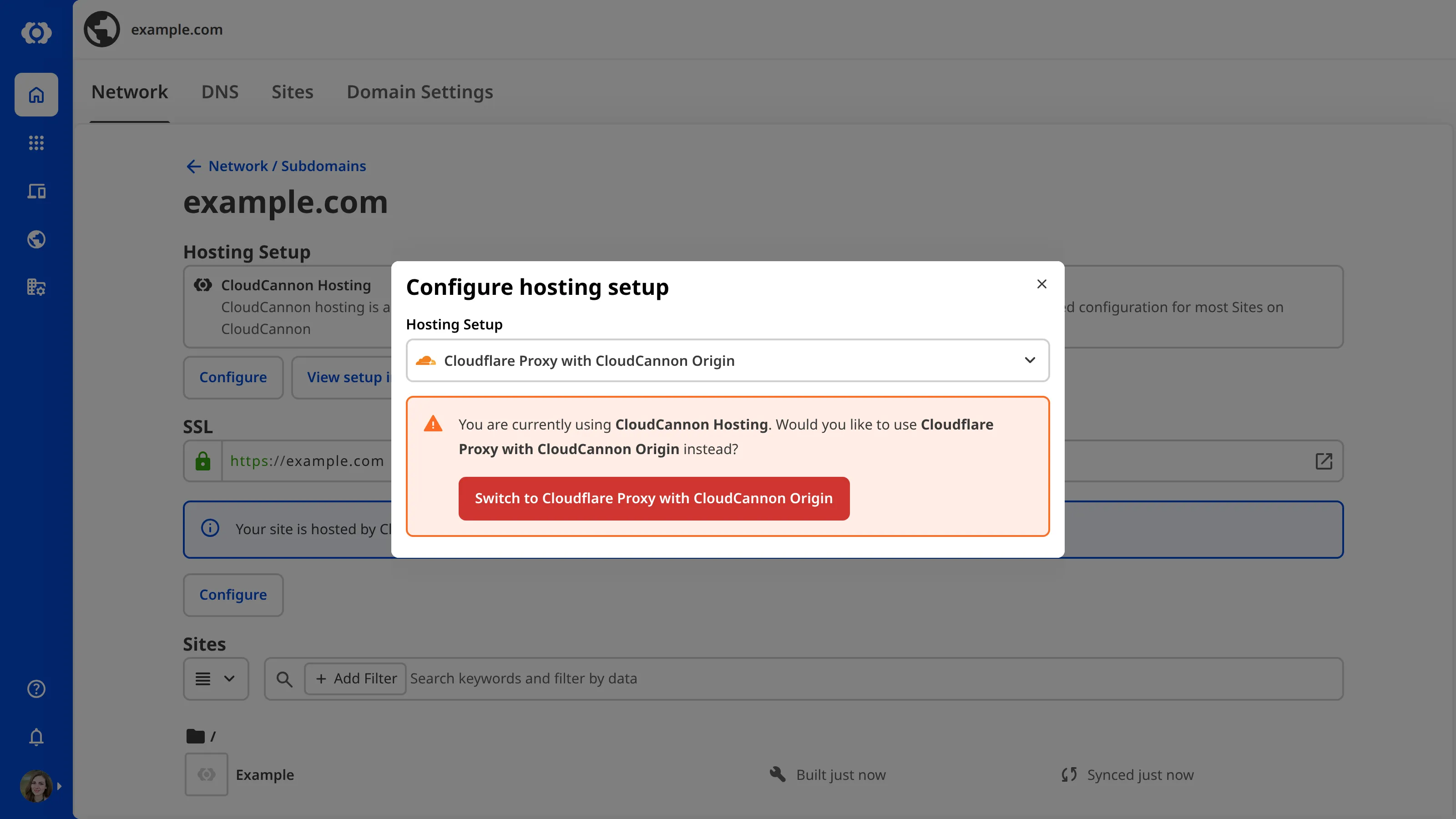 A screenshot of the Custom Domain page shows the Cloudflare Proxy with CloudCannon Origin option in the Hosting Setup dropdown.