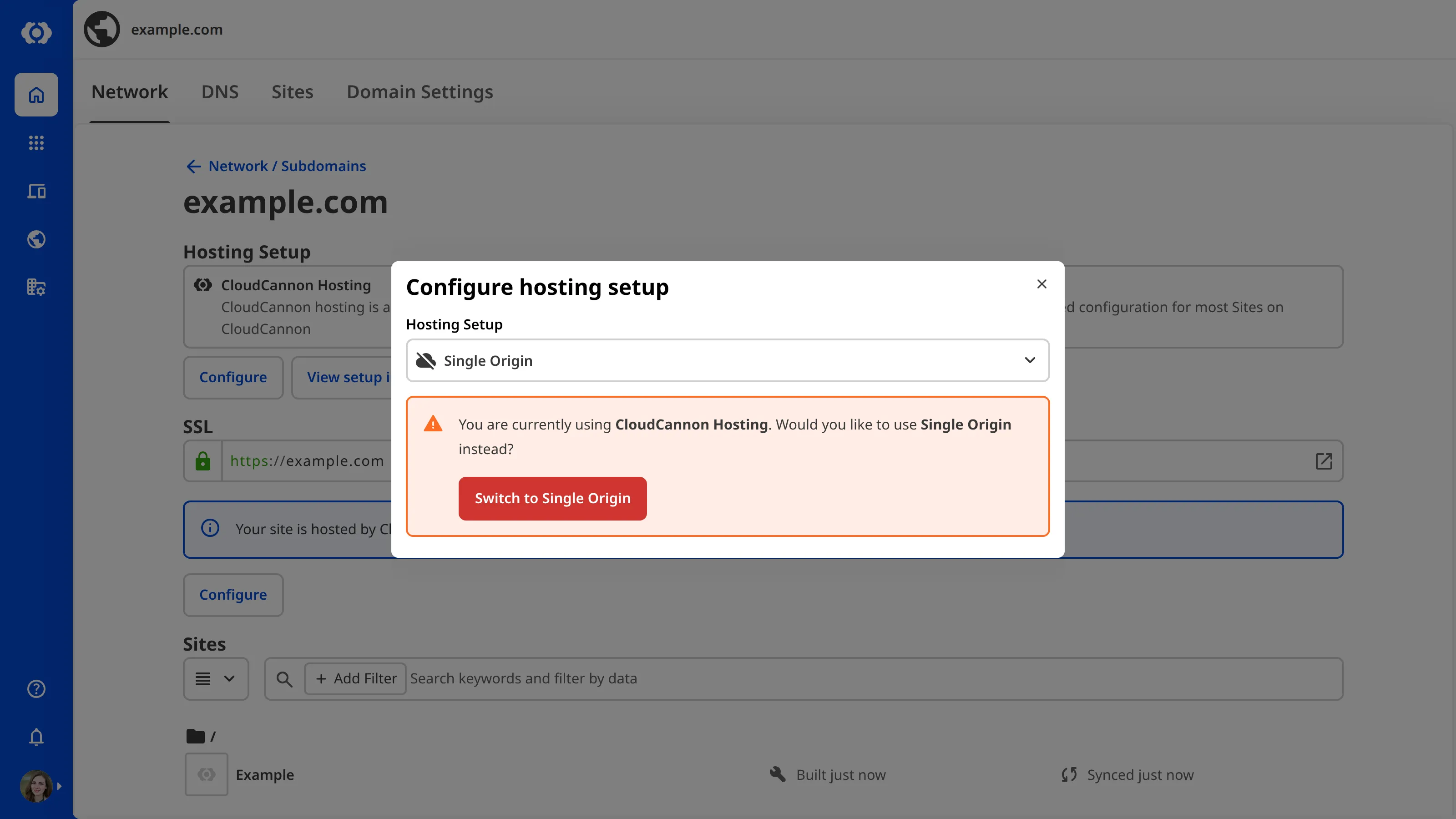 A screenshot of the Custom Domain page shows the Single Origin option in the Hosting Setup dropdown.