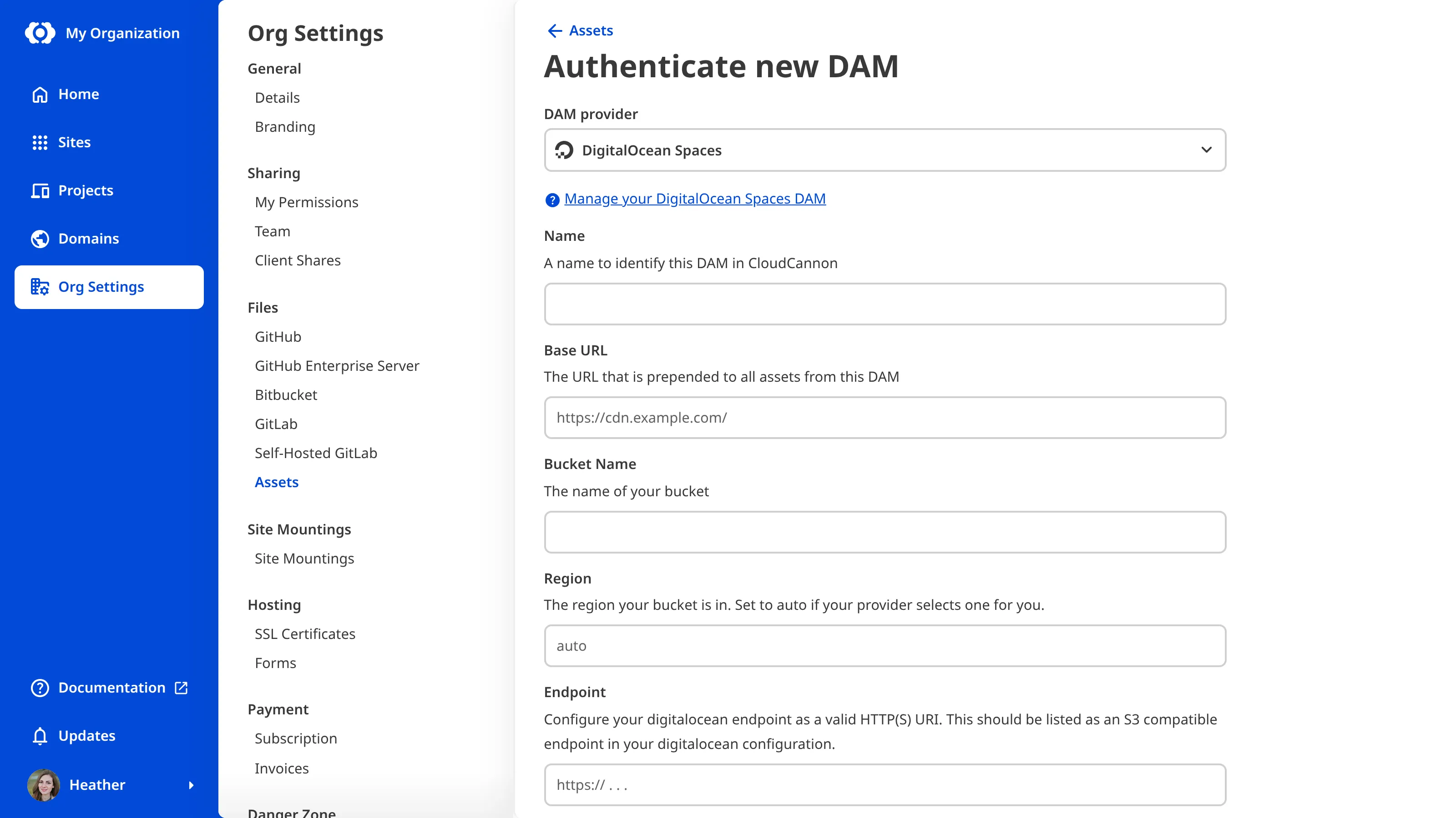 Screenshot of the CloudCannon form for authenticating a DigitalOcean DAM