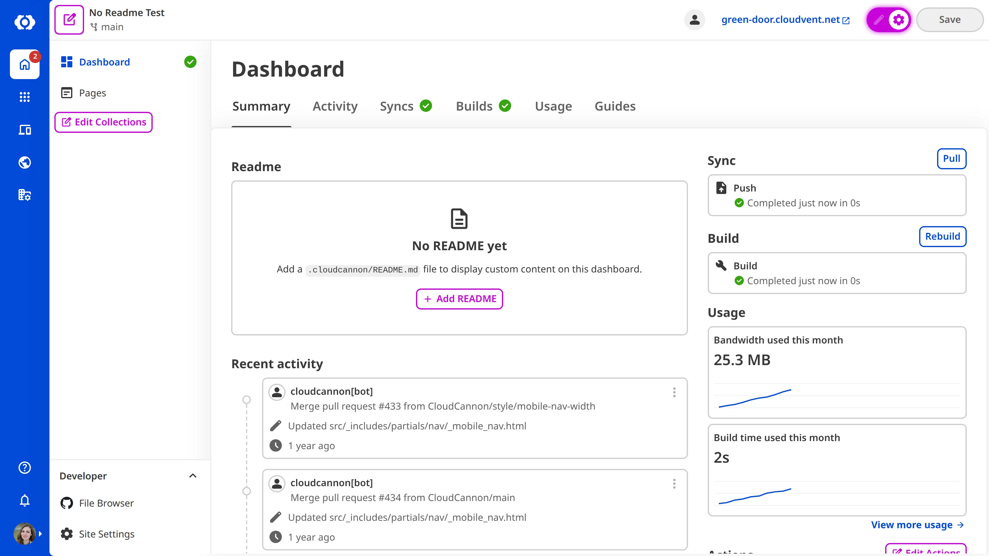 A screenshot of the Site Dashboard with Configuration Mode on shows a purple + Add README button.