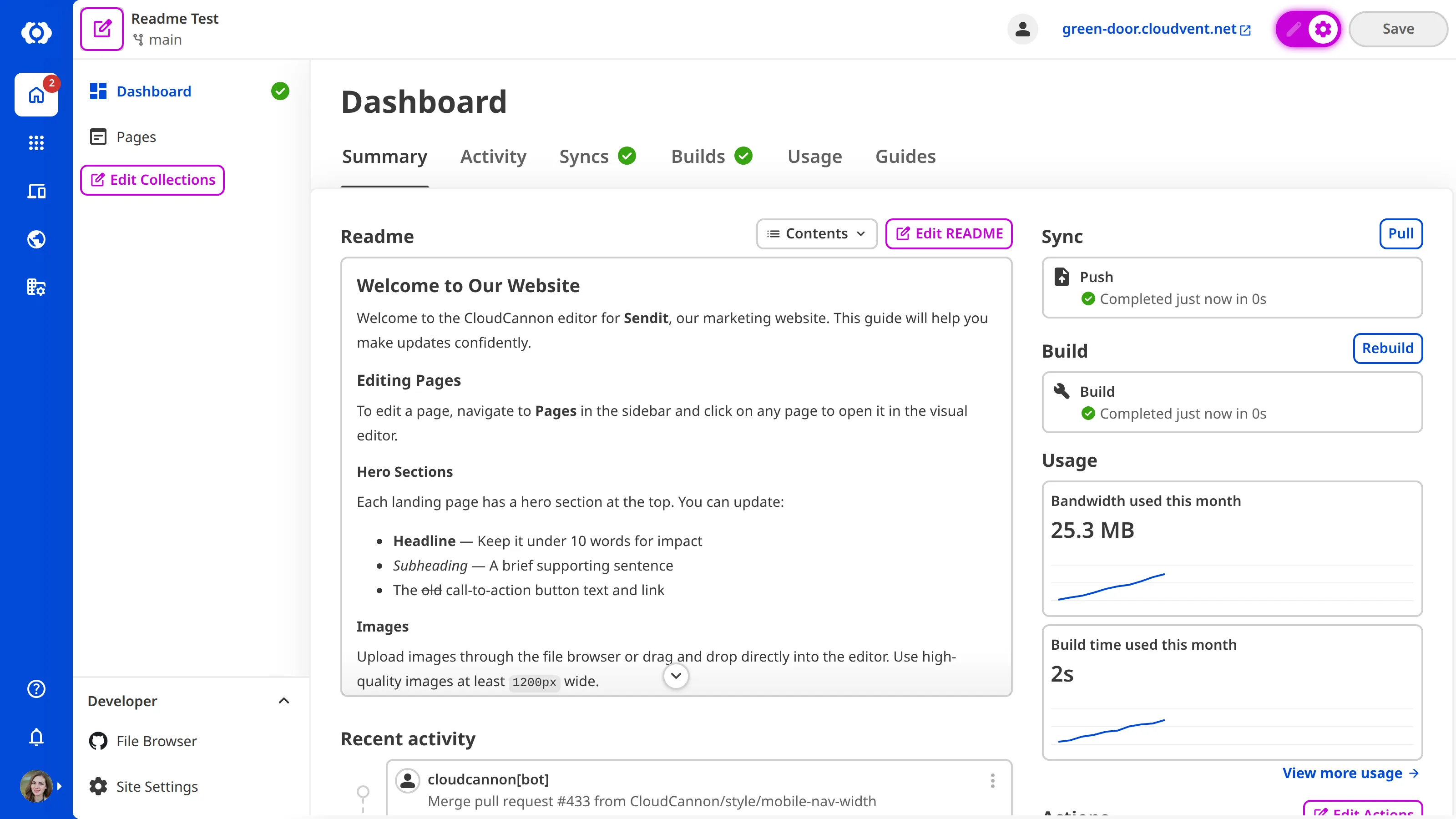 A screenshot of the Site Dashboard with Configuration Mode on shows a purple Edit README button.