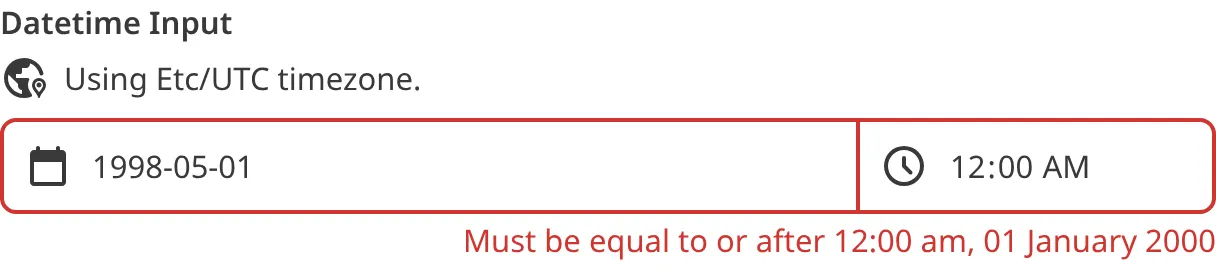 A screenshot of the Date input in the Data Editor shows that the current value does not meet validation criteria.