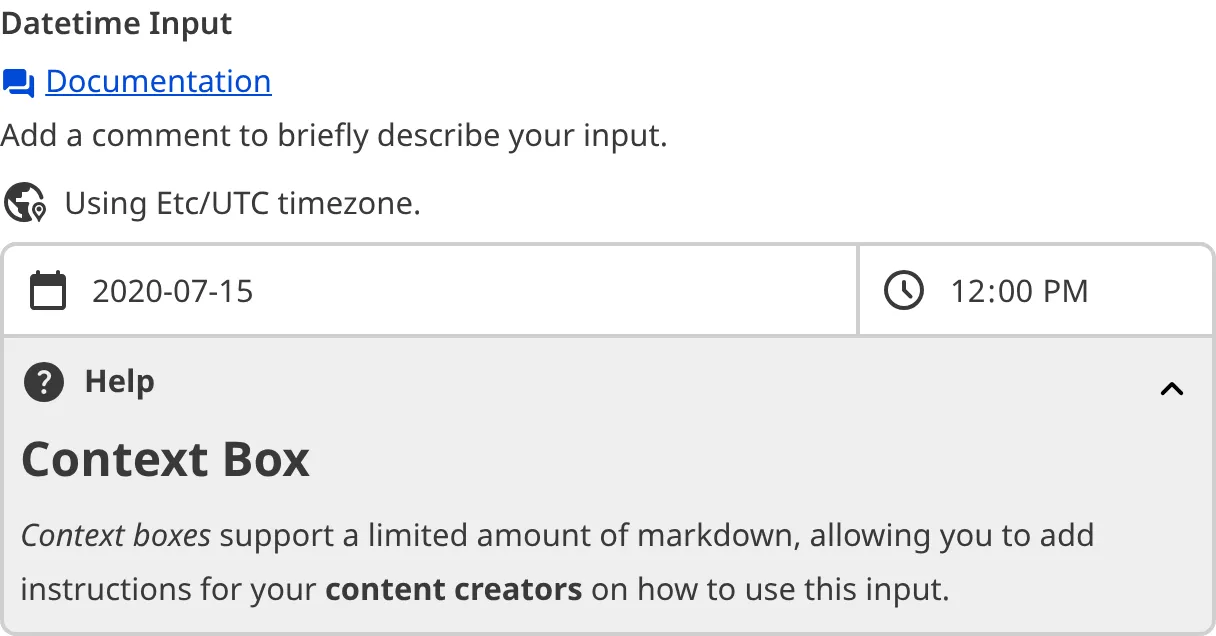 A screenshot of the Datetime Input in the Data Editor with a Context Box underneath the text field.