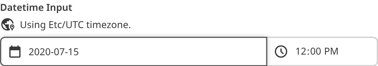 A screenshot of the Datetime input in the Data Editor shows an open calendar widget under the date text field.