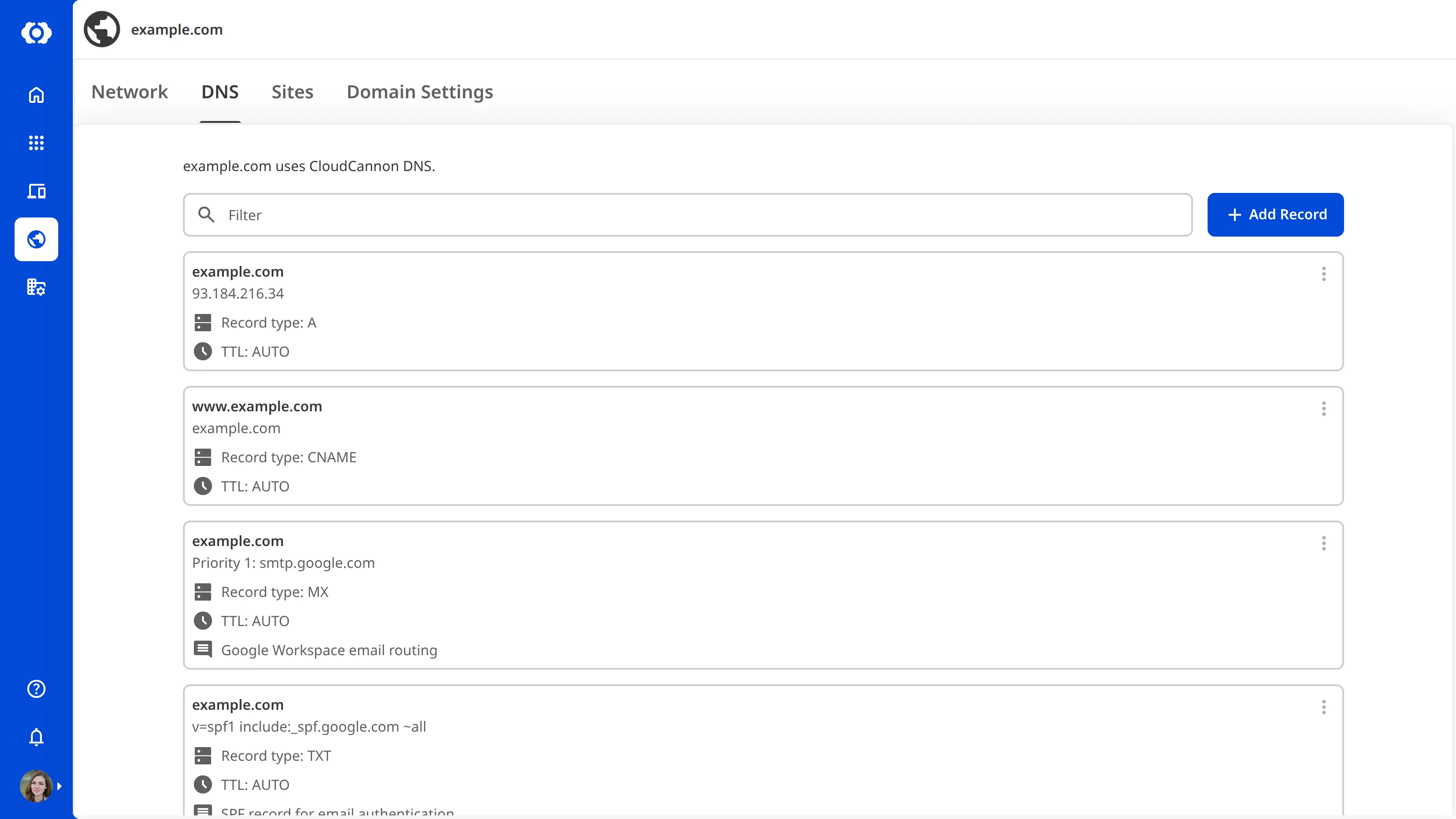 A screenshot of the DNS tab on the Domain page shows a list of DNS records including A, CNAME, MX, and TXT records.