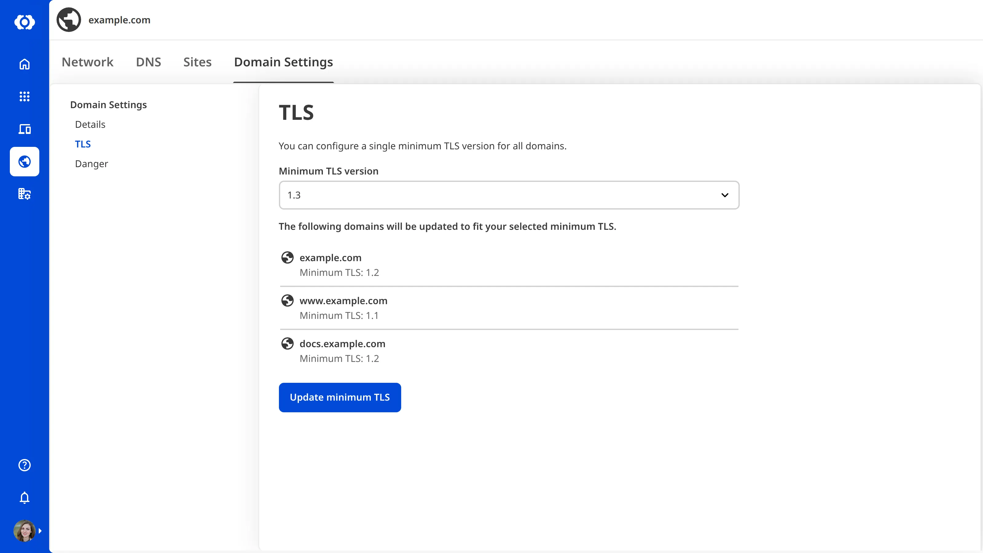 A screenshot of the TLS section on the Domain Settings tab shows the minimum TLS version set to 1.3 and a list of domains that will be updated to meet it.