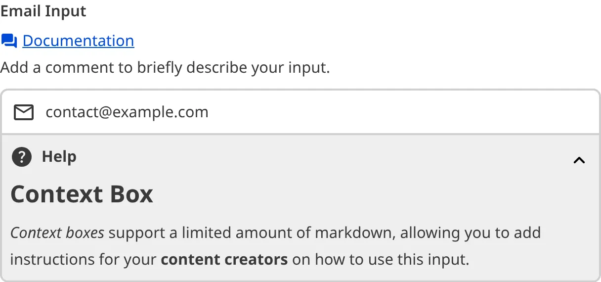A close up of an email input in the Data Editor shows a label, comment, text field, and context dropdown.