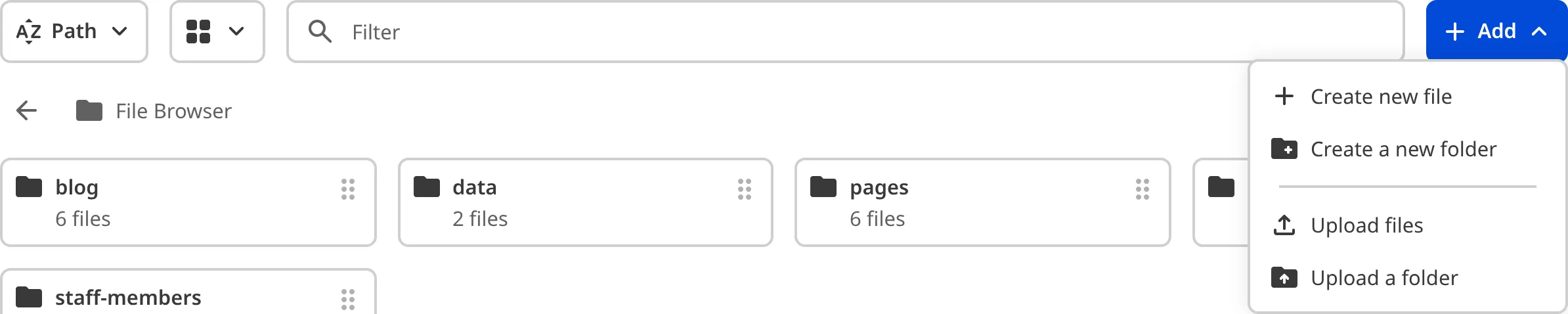 The File Browser A closeup of the File Browser shows the options to Upload files and Upload a folder in the Add dropdown.