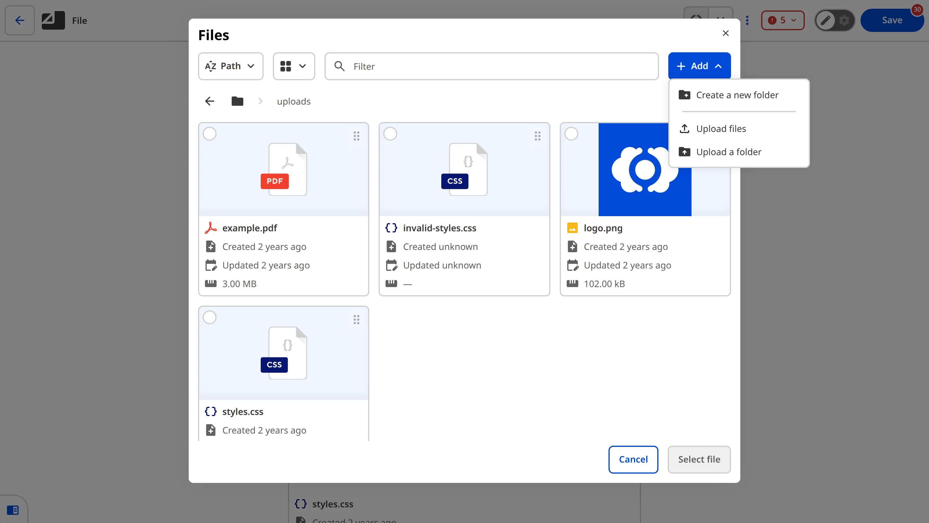 The File Browser with the Add dropdown open The file browser shows existing files with the Add button dropdown open, providing options to upload new files.