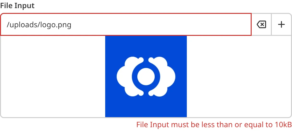 File Input with max file size A screenshot of the File input in the Data Editor shows that the uploaded file does not meet file size requirements.