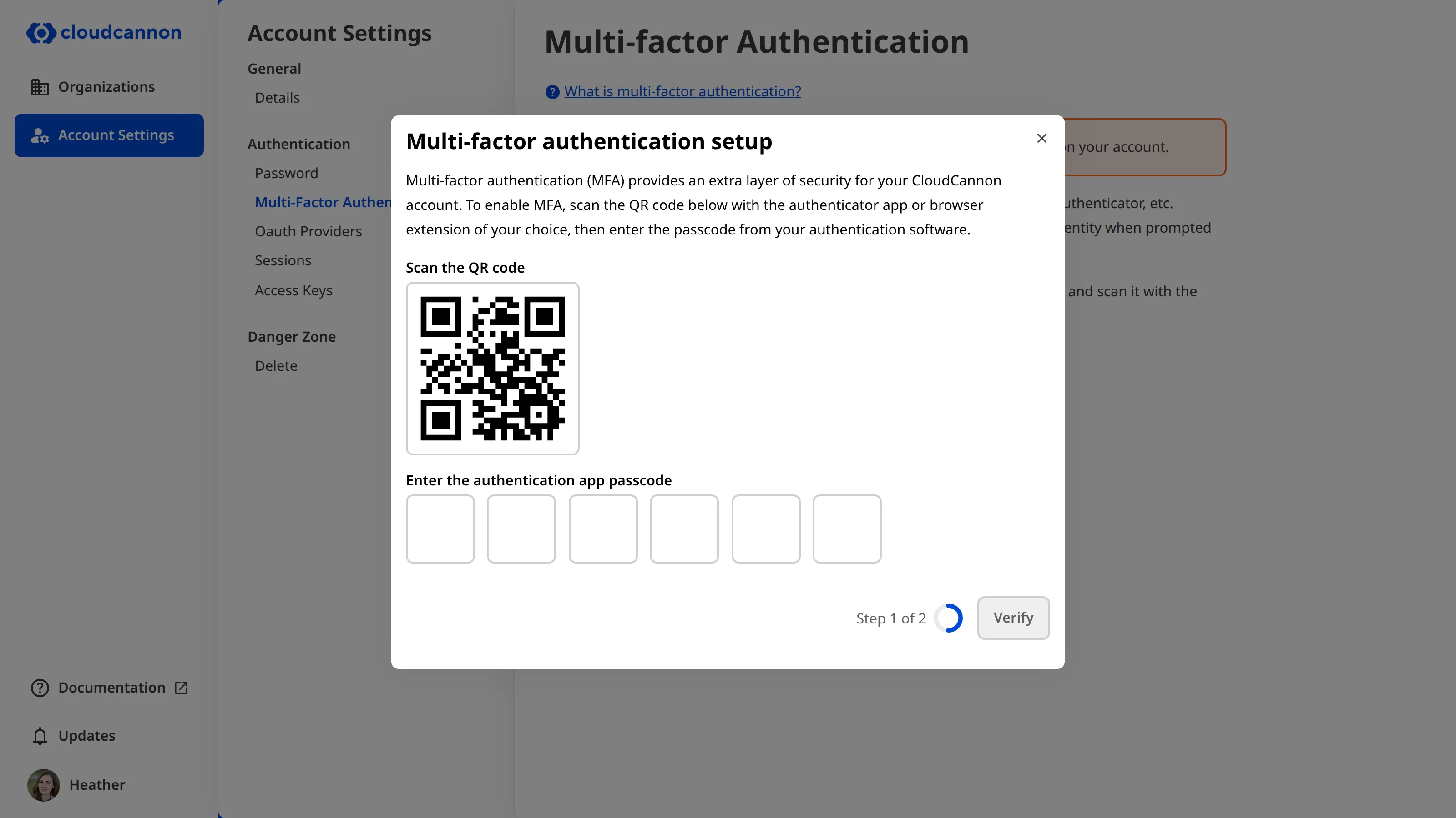 A screenshot of the multi-factor authentication screen, showing the MFA setup modal with a QR code for your third-party authentication app.