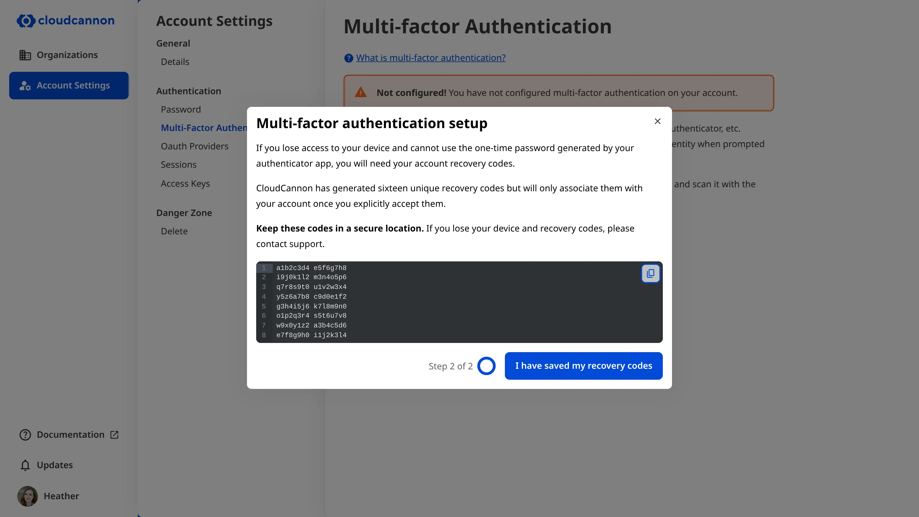 A screenshot of the multi-factor authentication screen, showing the MFA setup modal with a list of recovery codes.