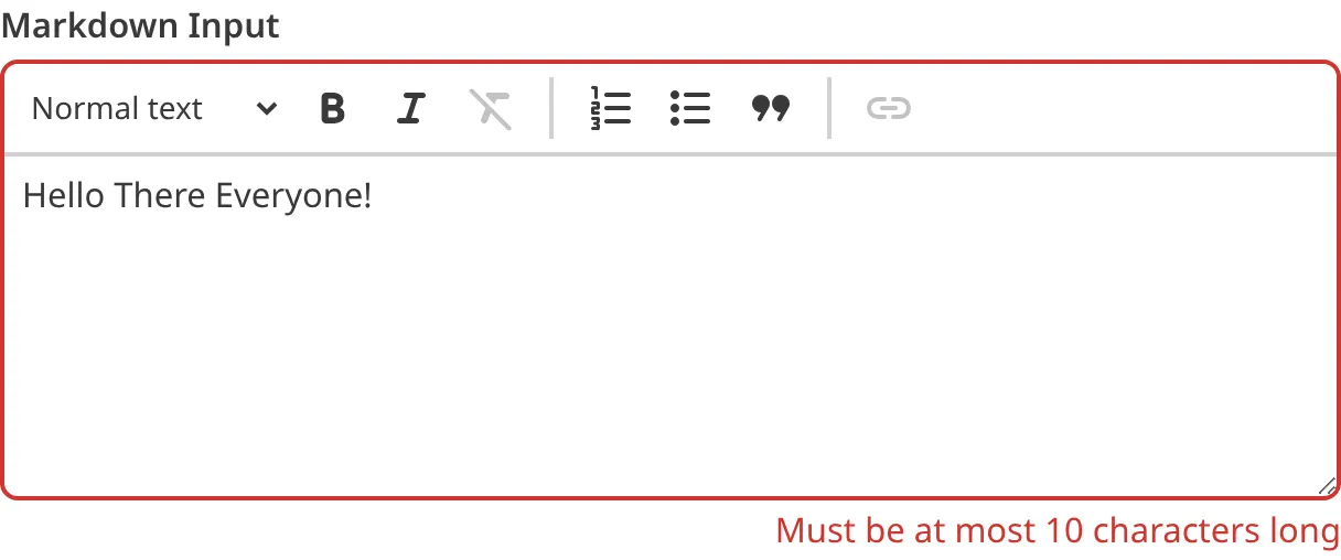 Markdown Input with max length validation A screenshot of the Markdown input in the Data Editor shows that the value does not meet maximum length requirements.