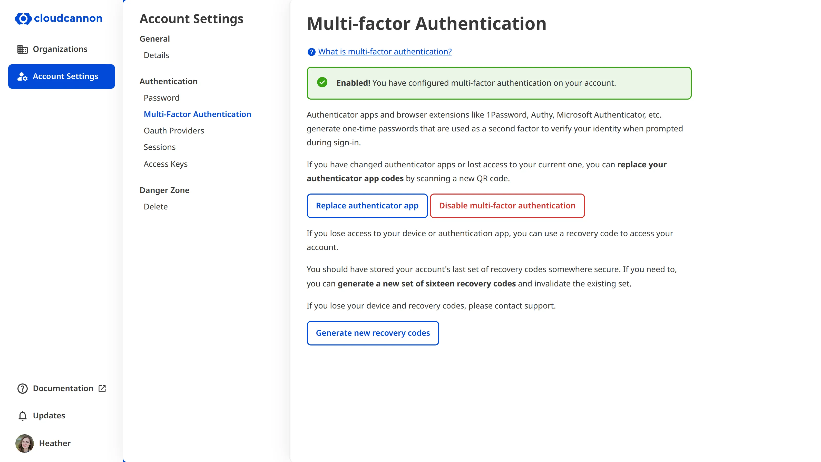 A screenshot of the multi-factor authentication screen, showing the 'Edit multi-factor authentication' and 'Generate new recovery codes' buttons.