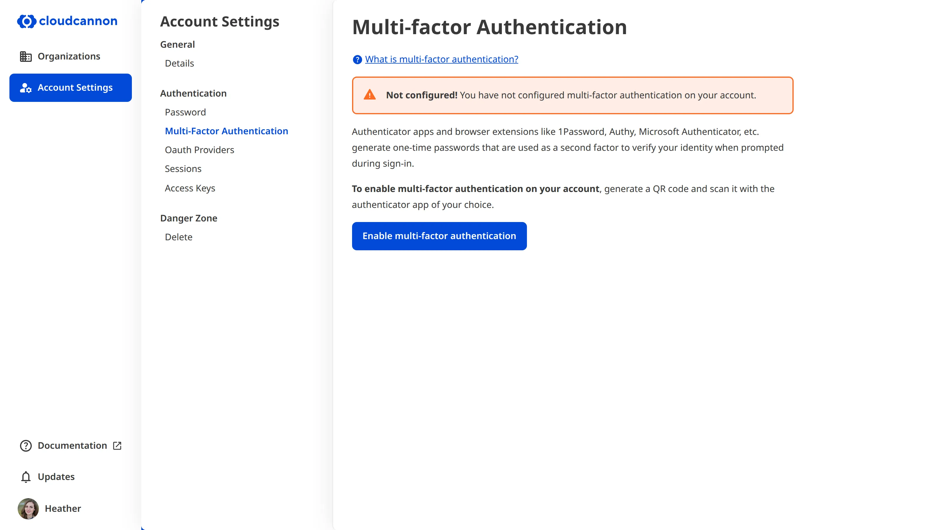 A screenshot of the multi-factor authentication page with the option to enable MFA.