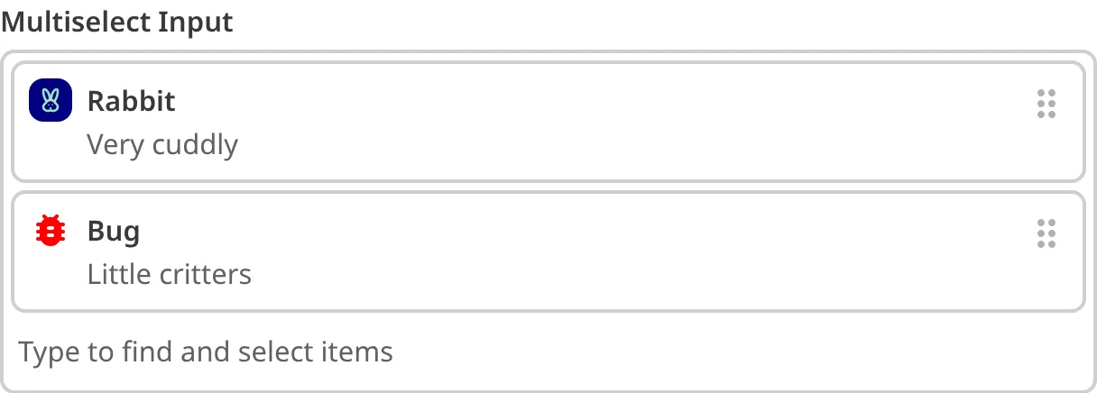 A screenshot of the Multiselect Input in the Data Editor shows an icon, icon color, and subtext.