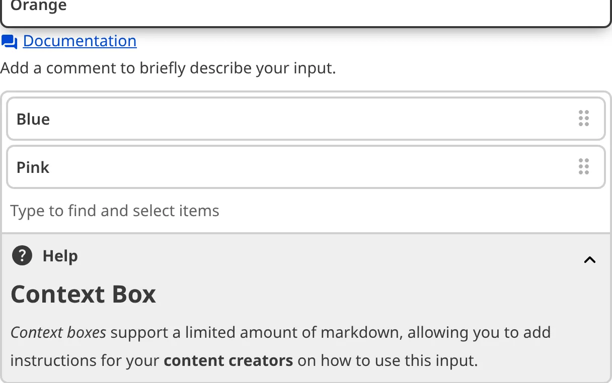 A screenshot of the Select Input in the Data Editor with a Context Box underneath the text area.