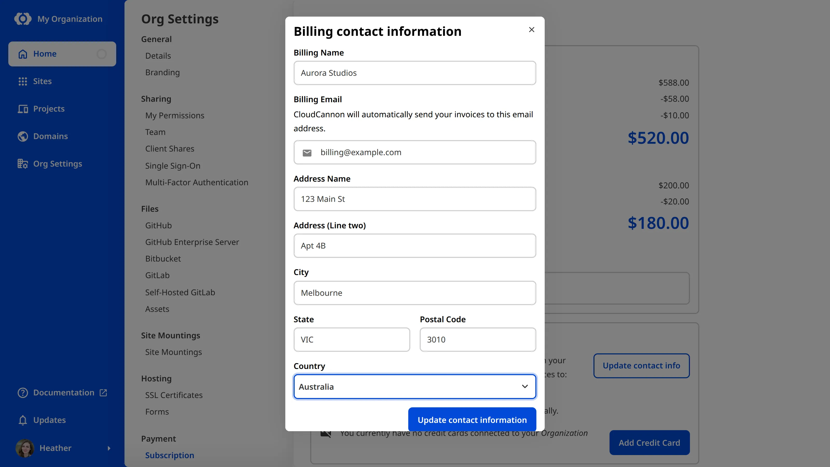 A screenshot of the Billing contact information modal shows fields for billing name, email, and address.
