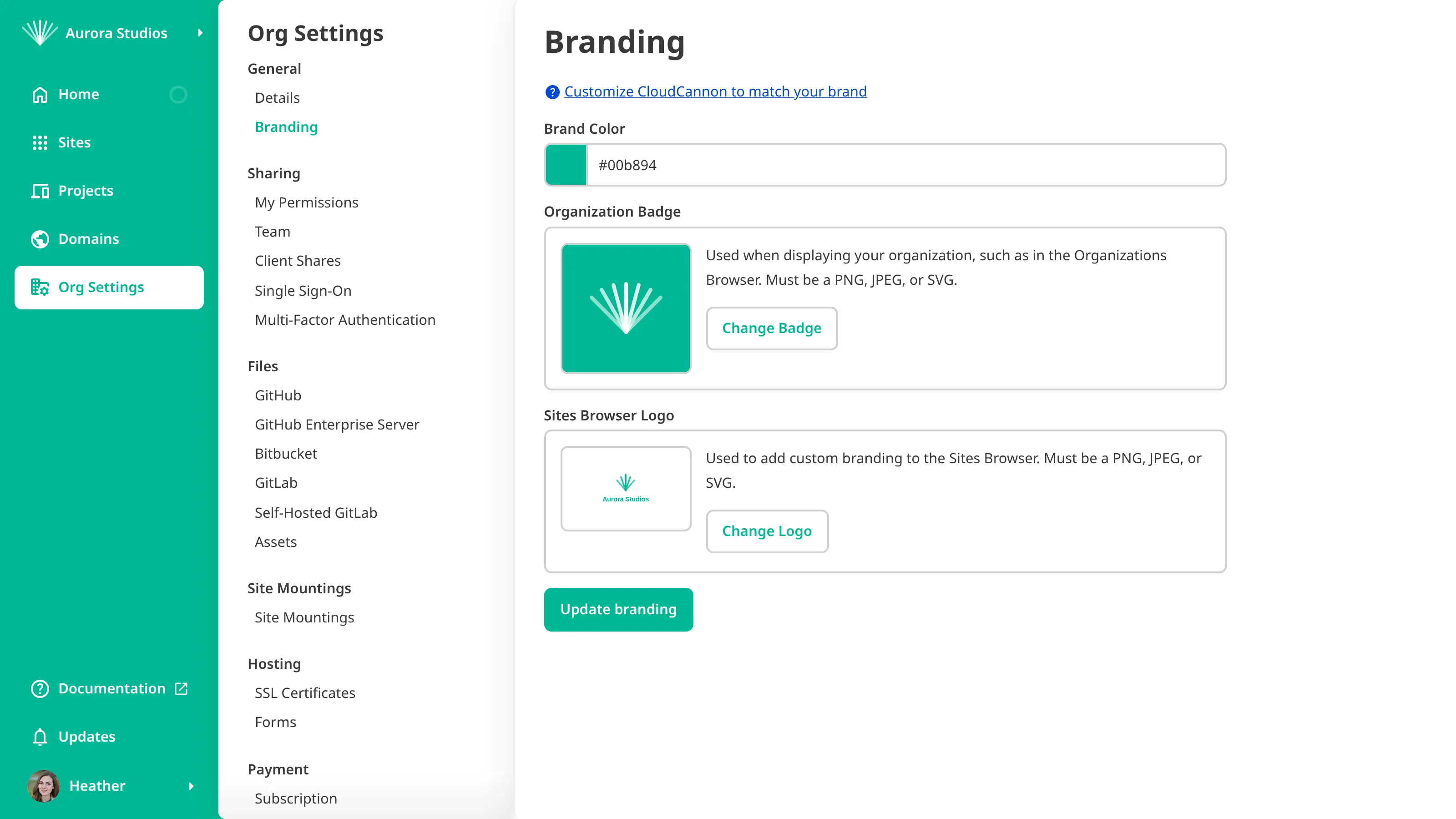 The Branding page in Org Settings A screenshot of the Branding page in Org Settings shows the Brand Color field and the badge and logo upload areas.