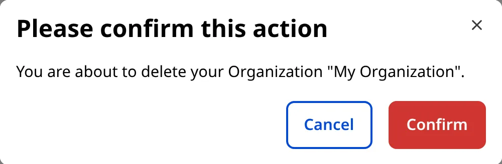 The delete confirmation modal A screenshot of a confirmation modal asks you to confirm that you are about to permanently delete this Organization, with Cancel and Confirm buttons.
