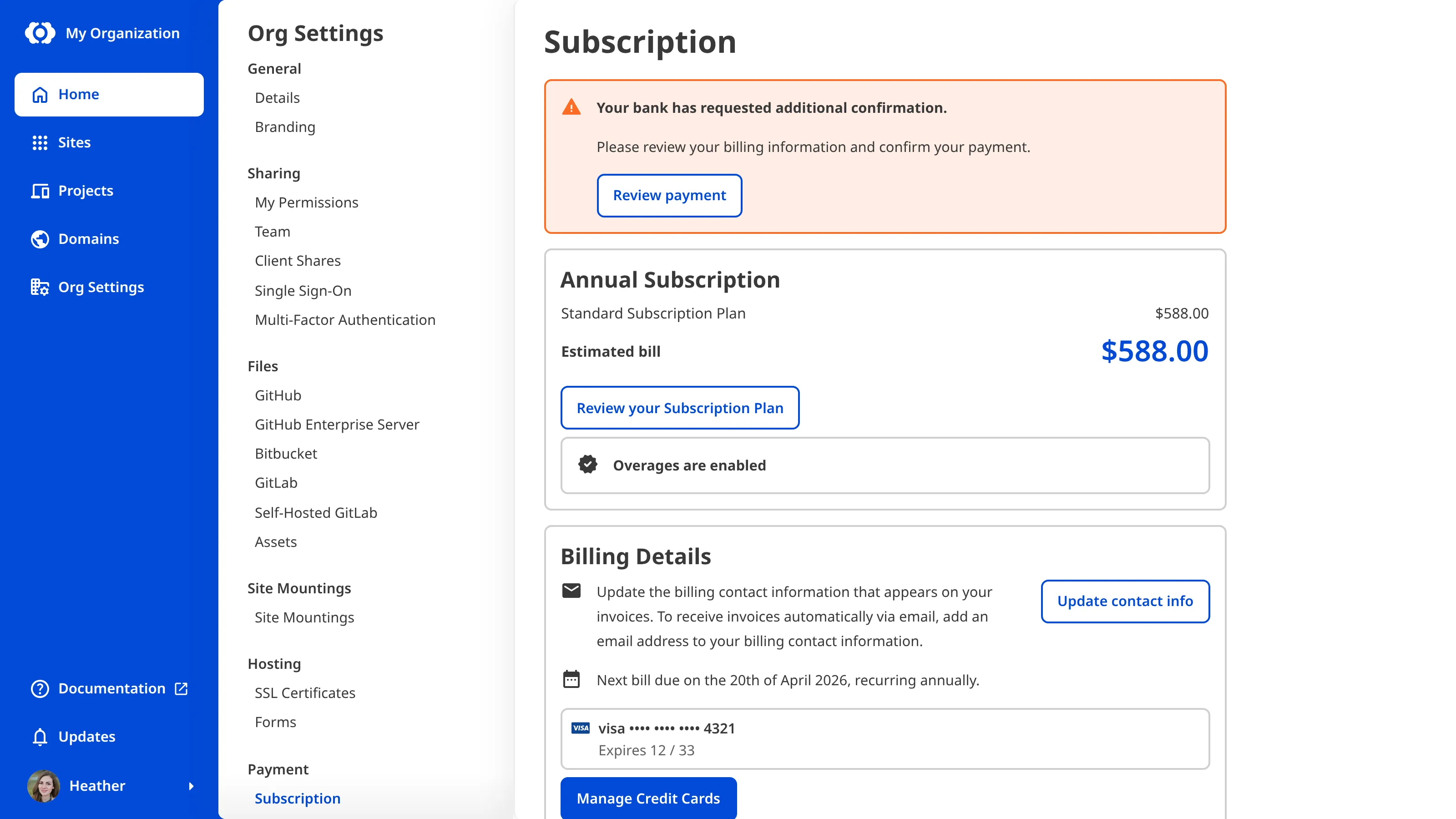 A screenshot of the Subscription page shows a payment warning banner requesting additional confirmation to activate your subscription.