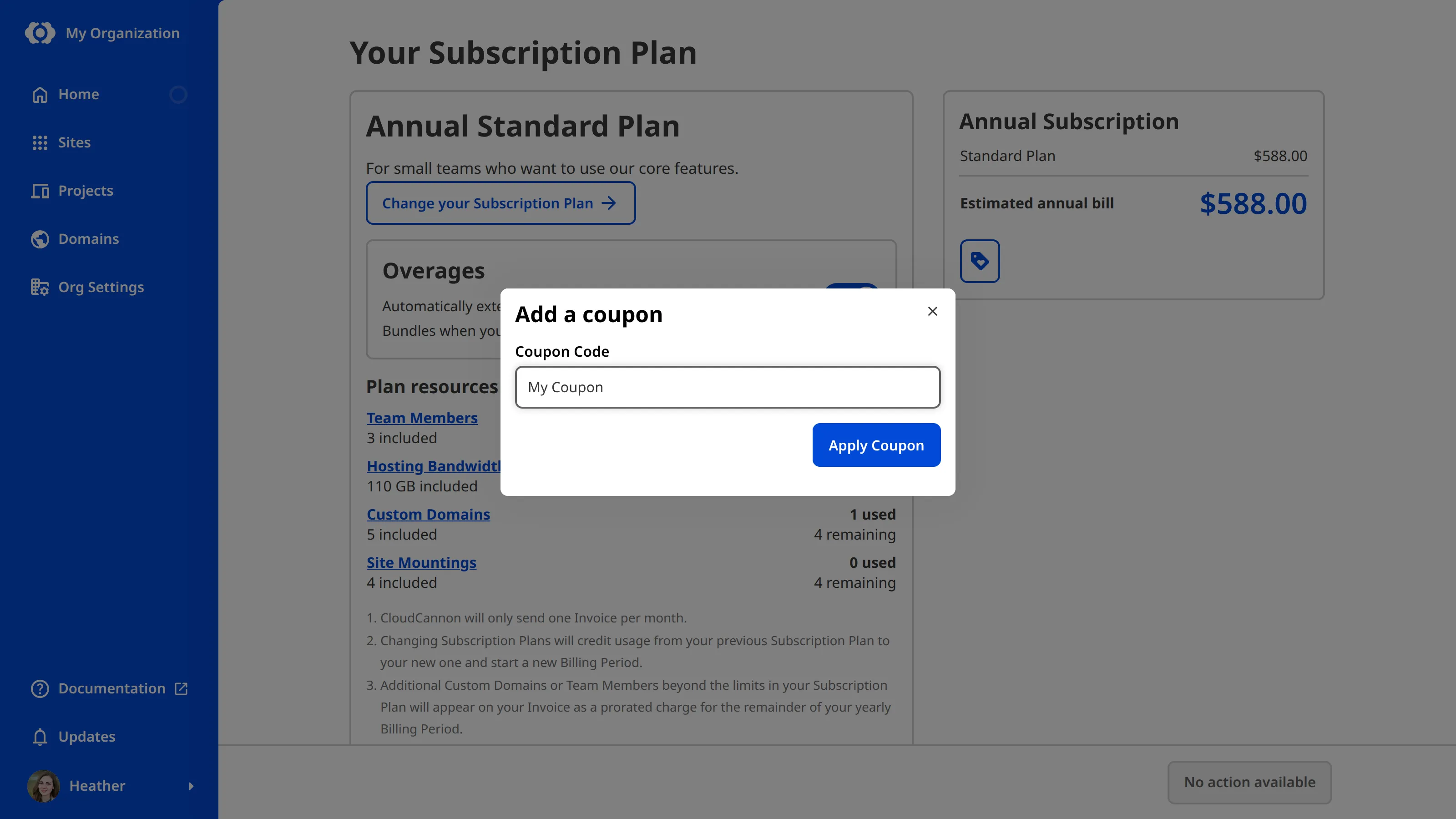 A screenshot of the Add a coupon modal with a Coupon Code input field and an Apply Coupon button.