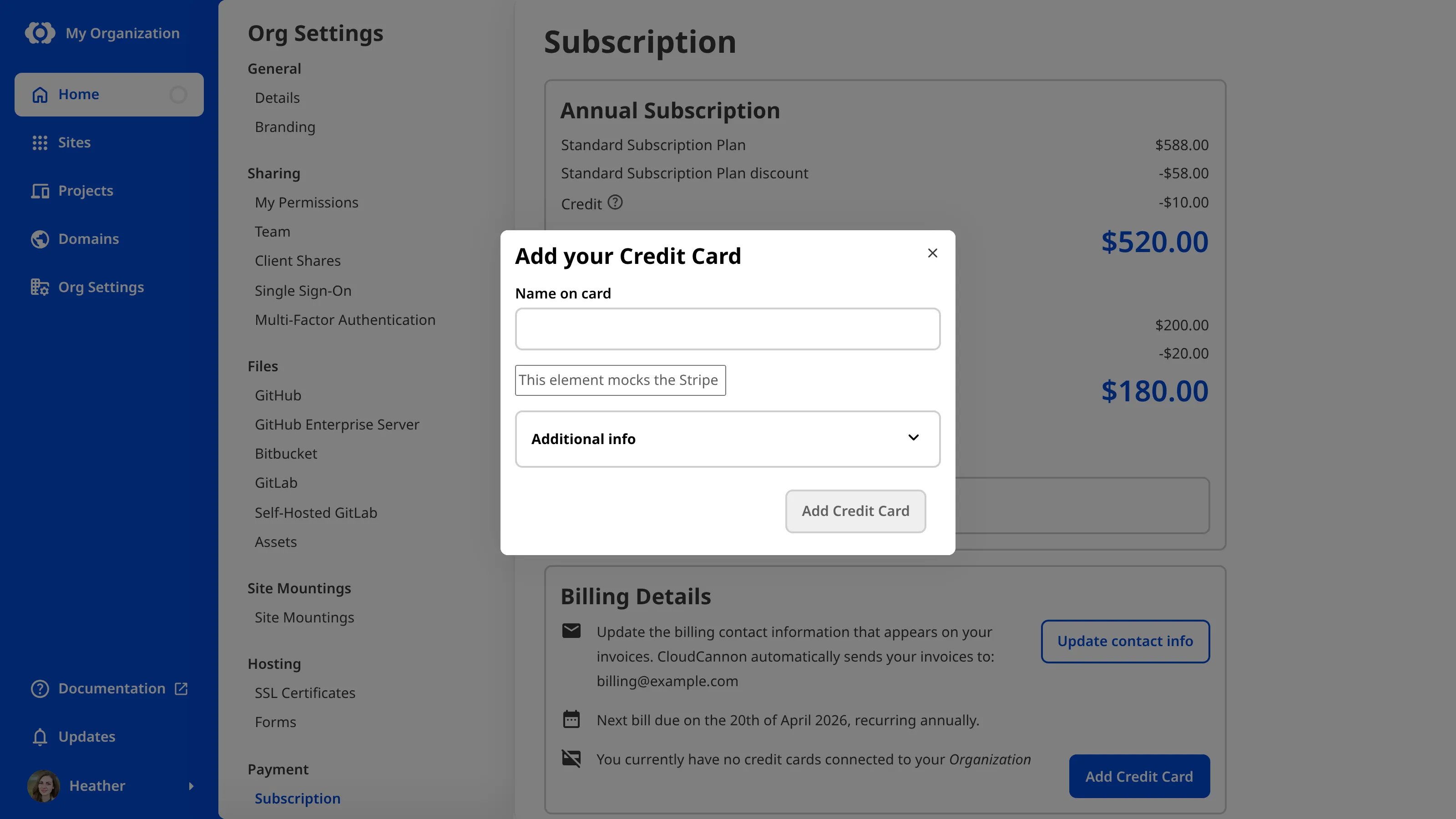 The Add your Credit Card modal A screenshot of the Add your Credit Card modal in CloudCannon, showing fields for the name on the card, additional information, and address.