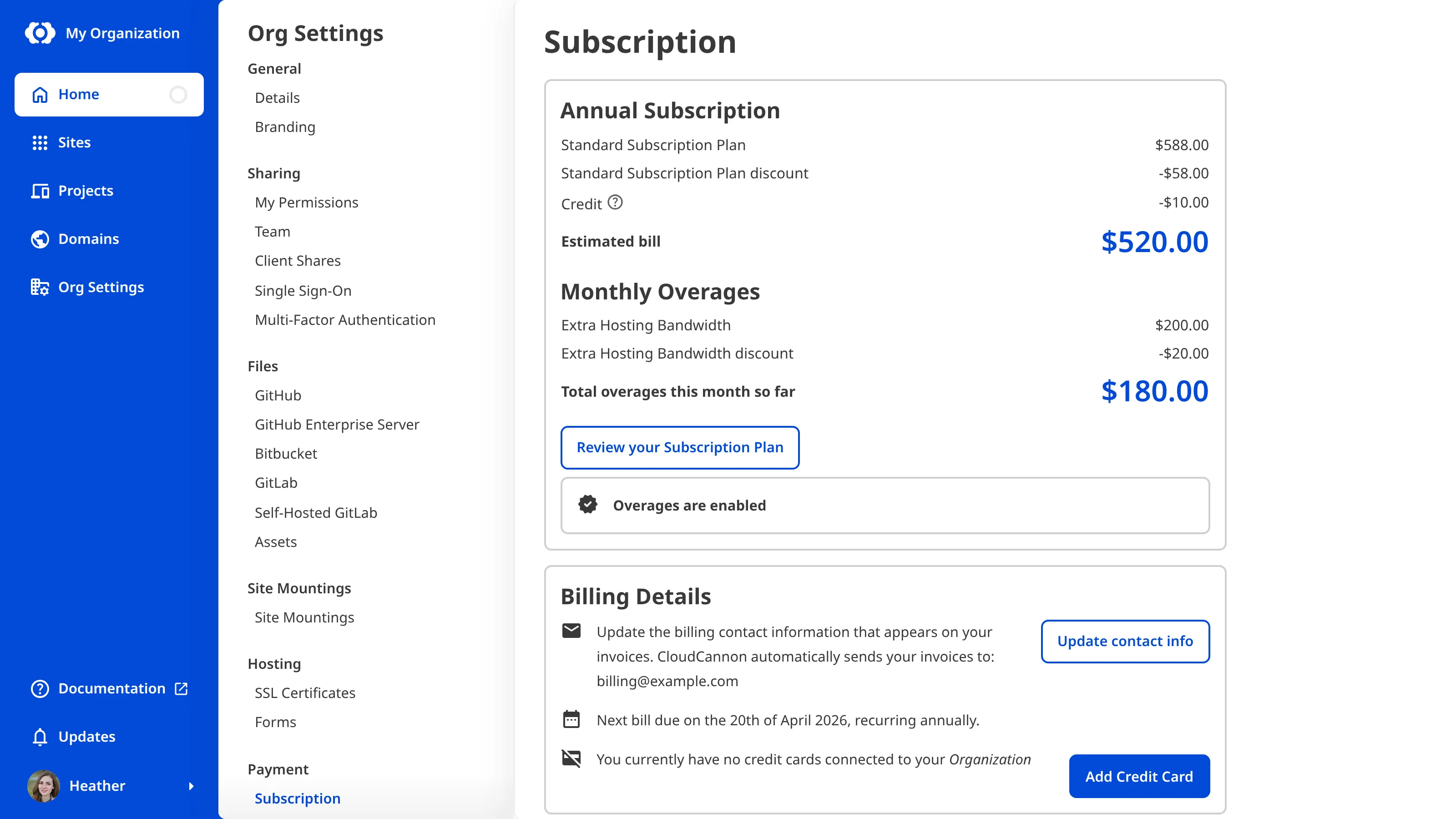 A screenshot of the Subscription page shows the billing summary, including the current plan, estimated bill, and billing details.