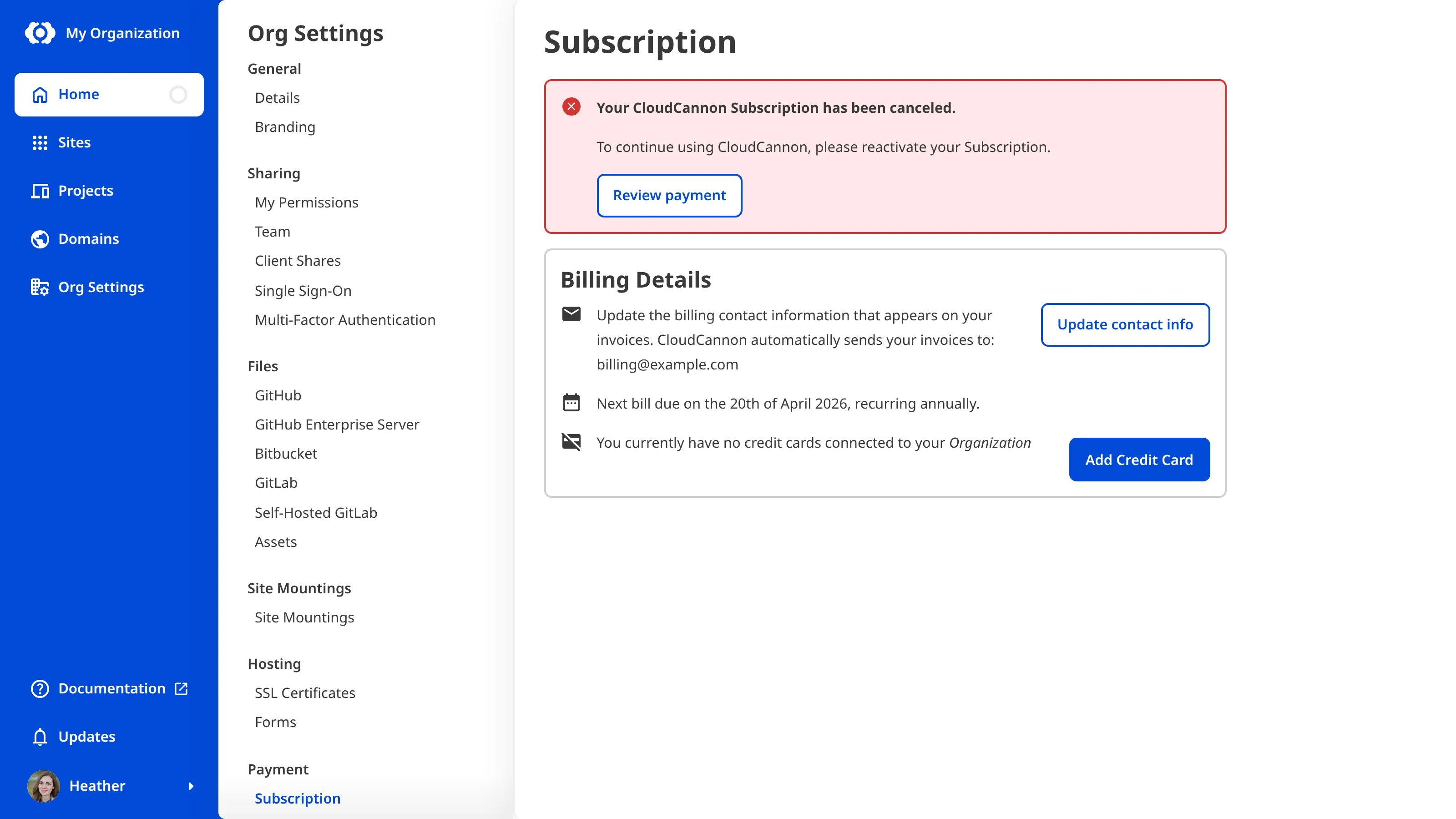 A screenshot of the Subscription page in CloudCannon shows a notice that the subscription has been canceled, with a Review payment button.