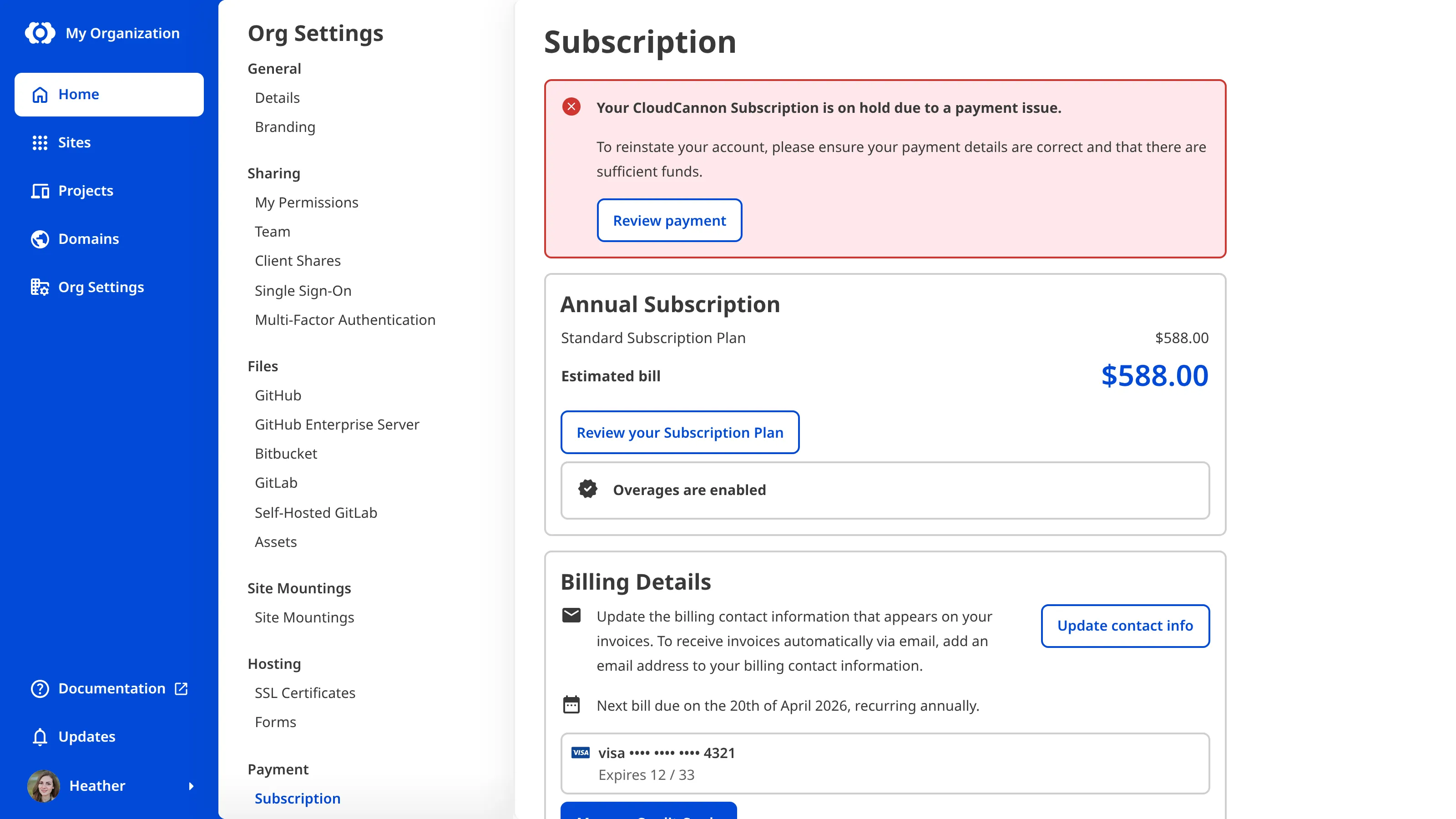 A screenshot of the Subscription page shows a banner explaining the subscription is on hold due to a failed payment.