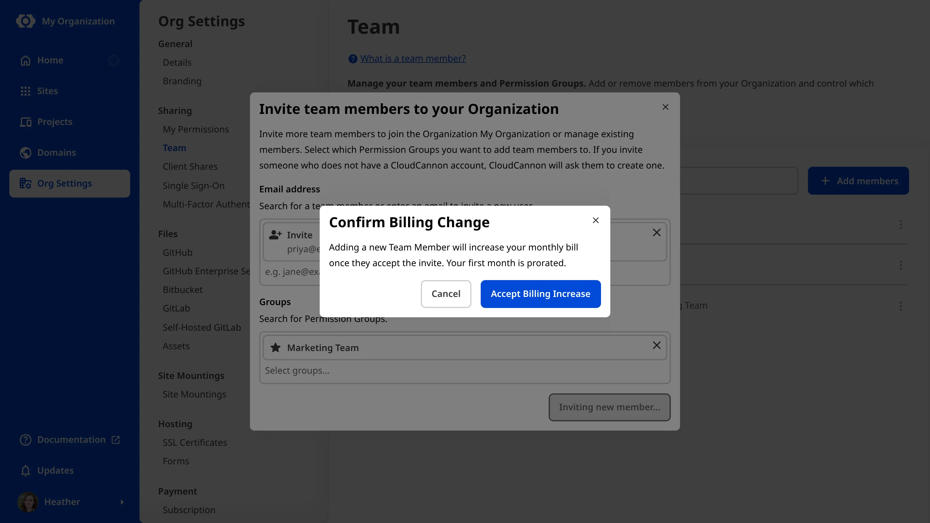 A screenshot of the Confirm Billing Change modal shows a message that adding a new Team Member will increase your monthly bill once they accept the invite, with Cancel and Accept Billing Increase buttons.