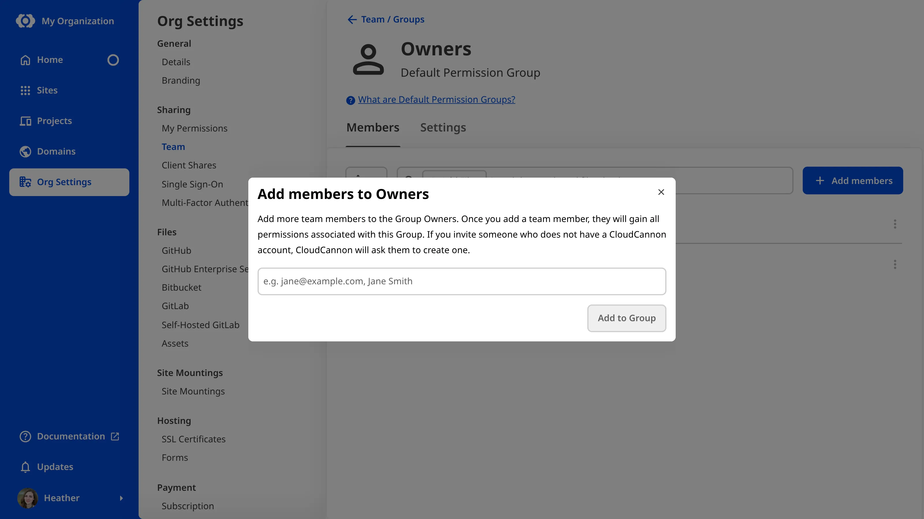 A screenshot of the Add members modal for the Owners group in Org Settings shows a field for selecting team members to add and the Add to Group button.