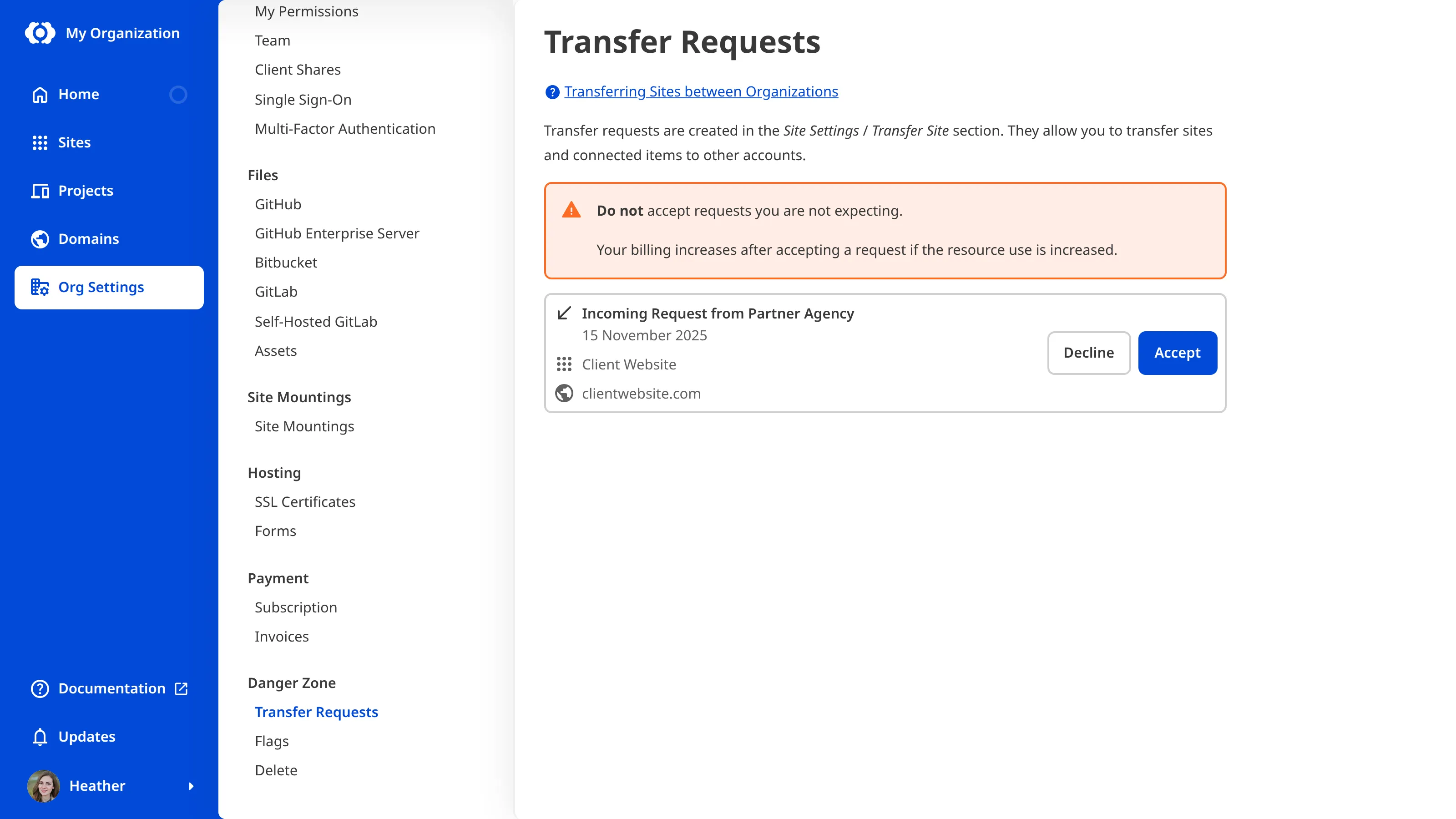 A screenshot of the Transfer Requests page shows an incoming request with an Accept button.
