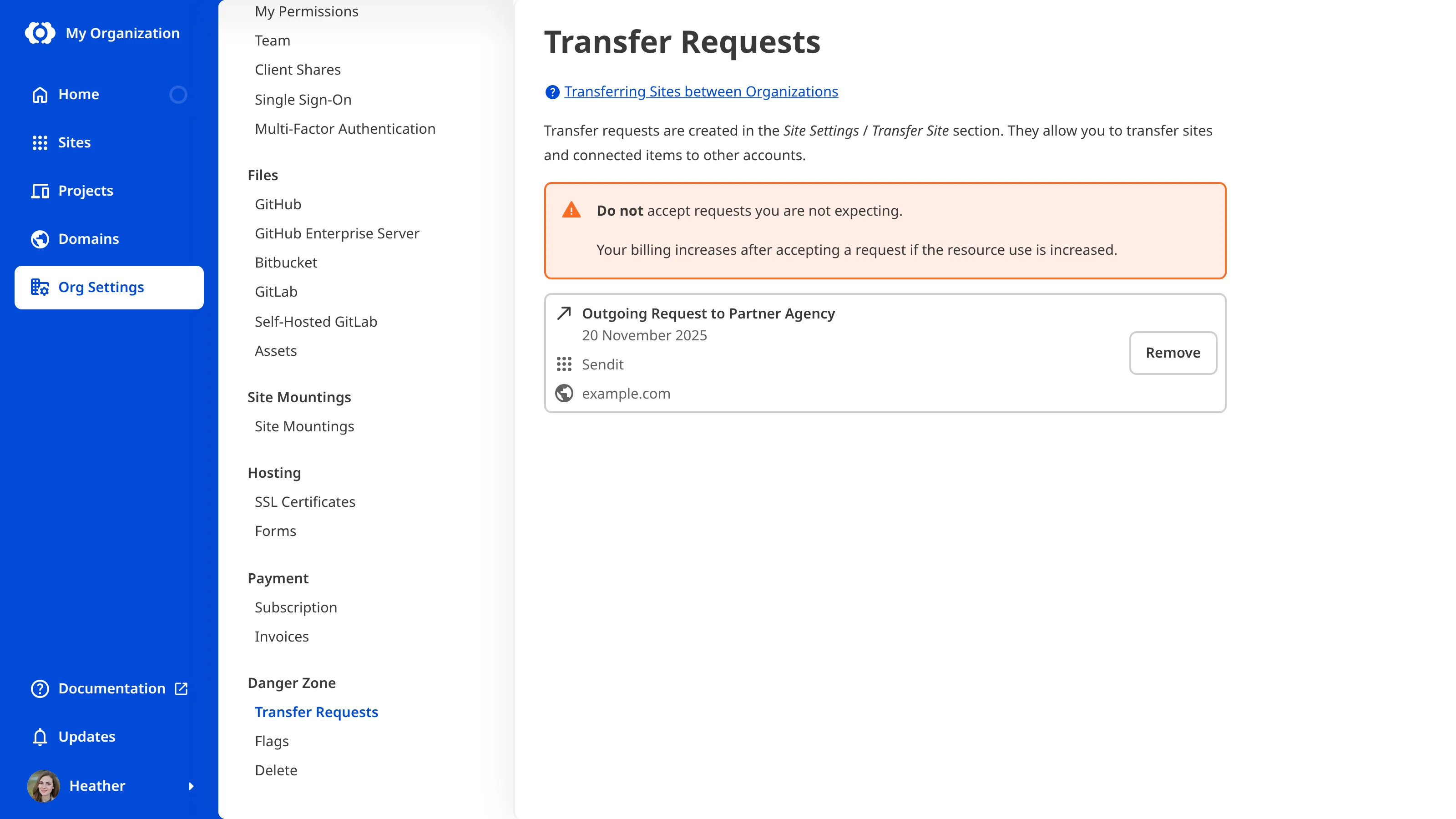 A screenshot of the Transfer Requests page shows an outgoing request with a Remove button.
